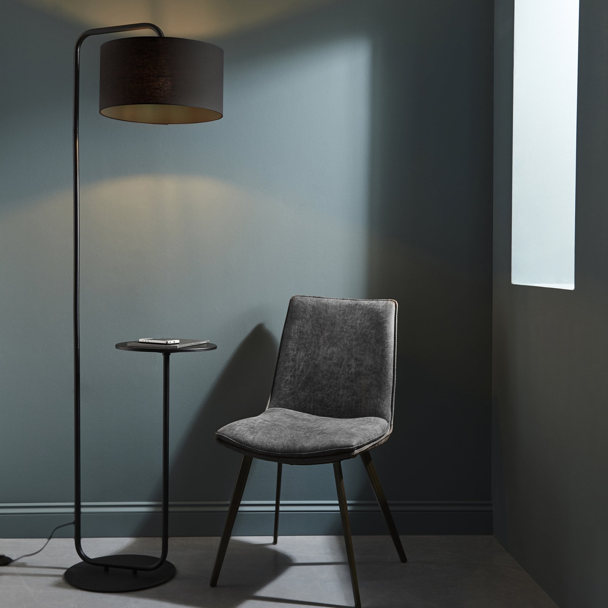 Utopia The Modern Floor Lamp With Table - Satin Black With Black Shade