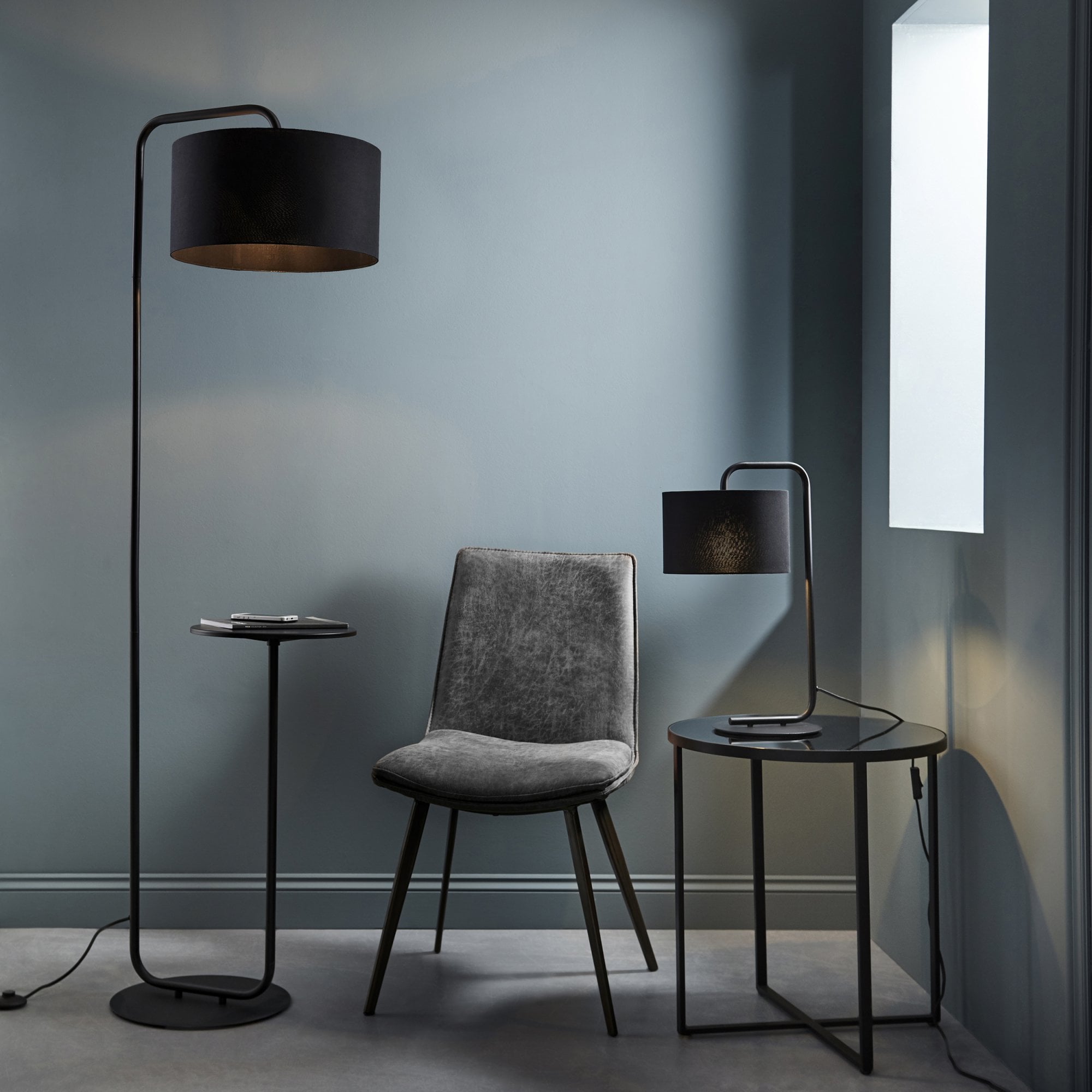 Utopia The Modern Floor Lamp With Table - Satin Black With Black Shade