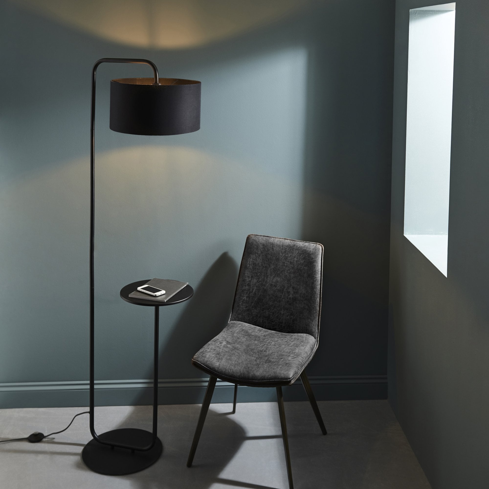 Utopia The Modern Floor Lamp With Table - Satin Black With Black Shade
