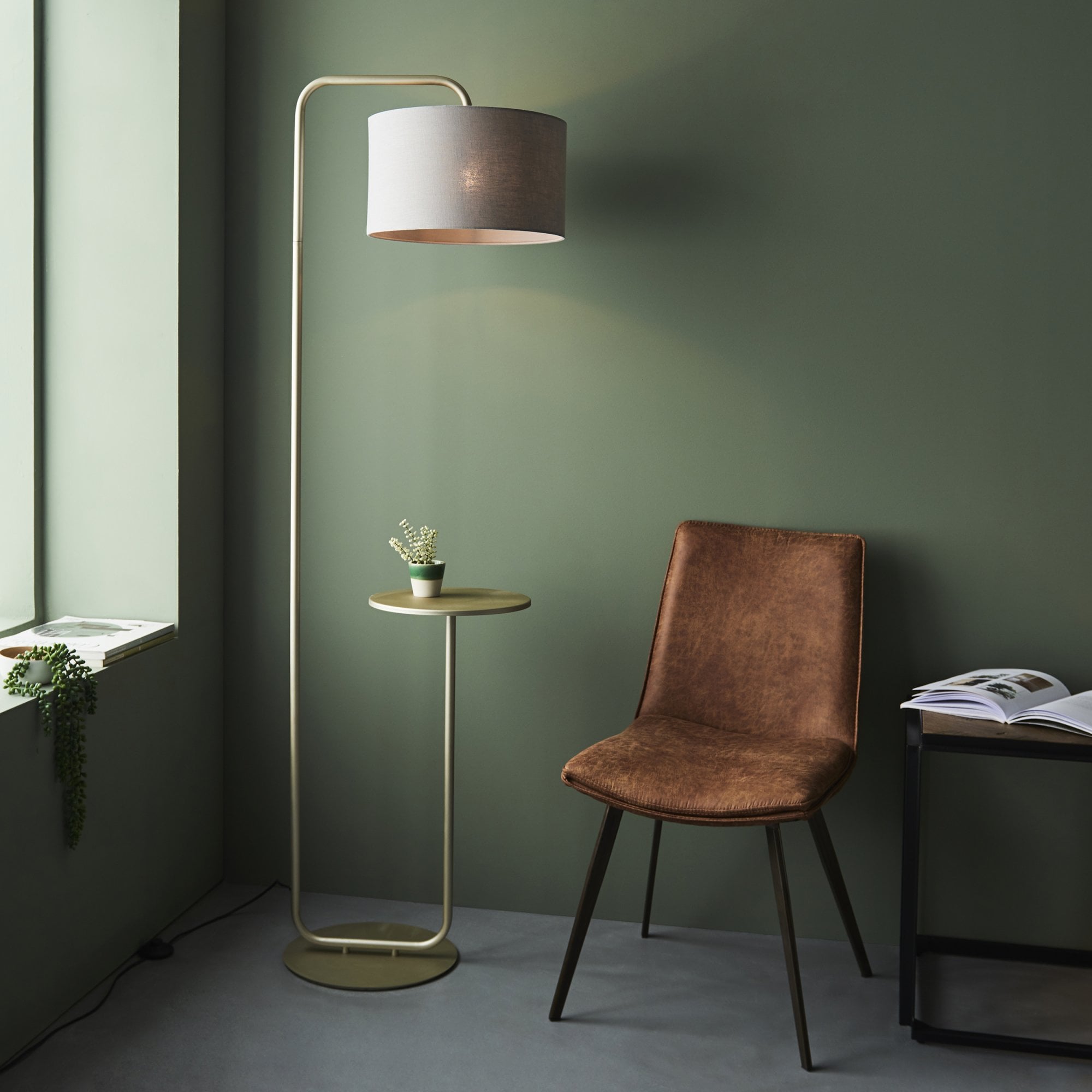 Utopia The Modern Floor Lamp With Table - Satin Champagne With Slate Grey Shade