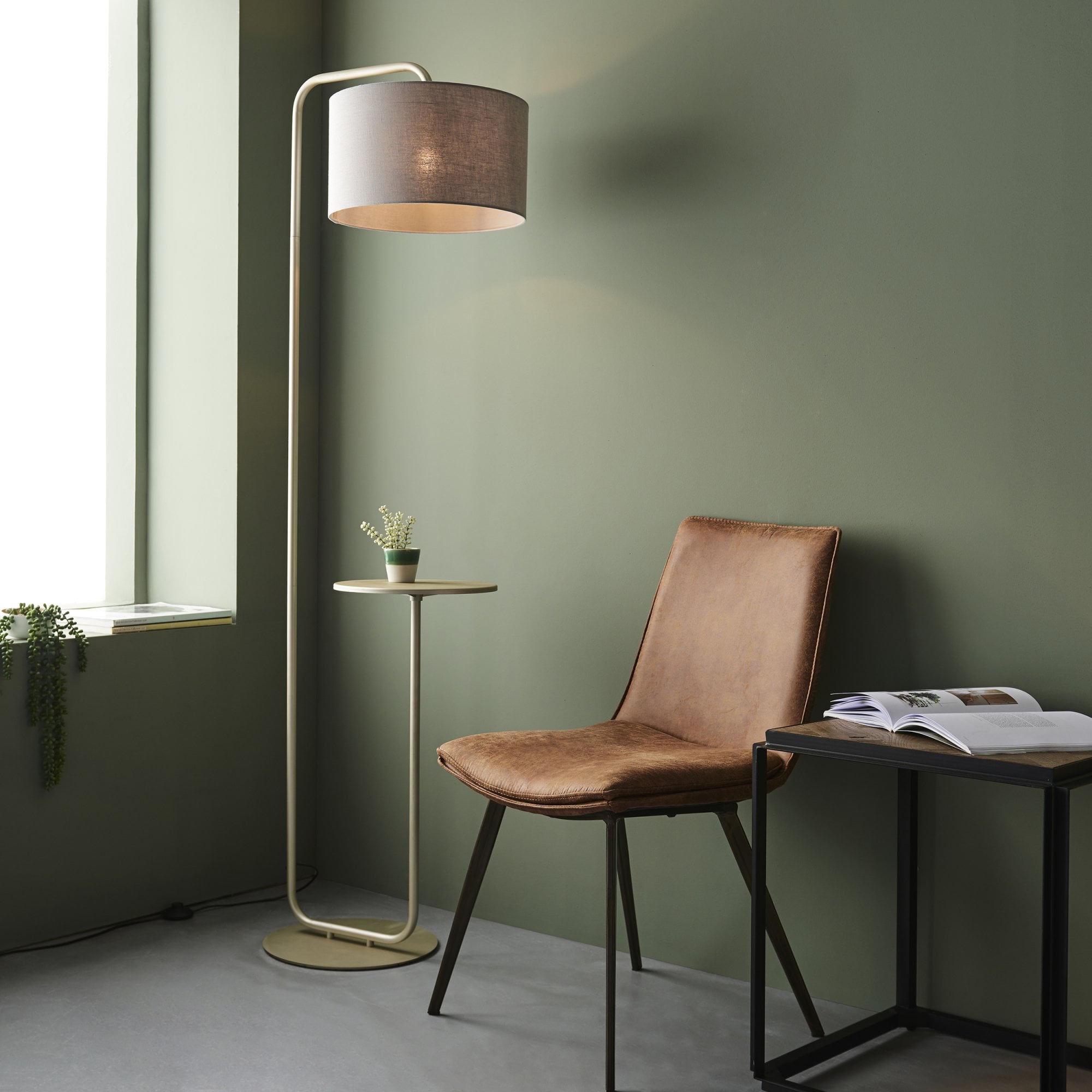 Utopia The Modern Floor Lamp With Table - Satin Champagne With Slate Grey Shade