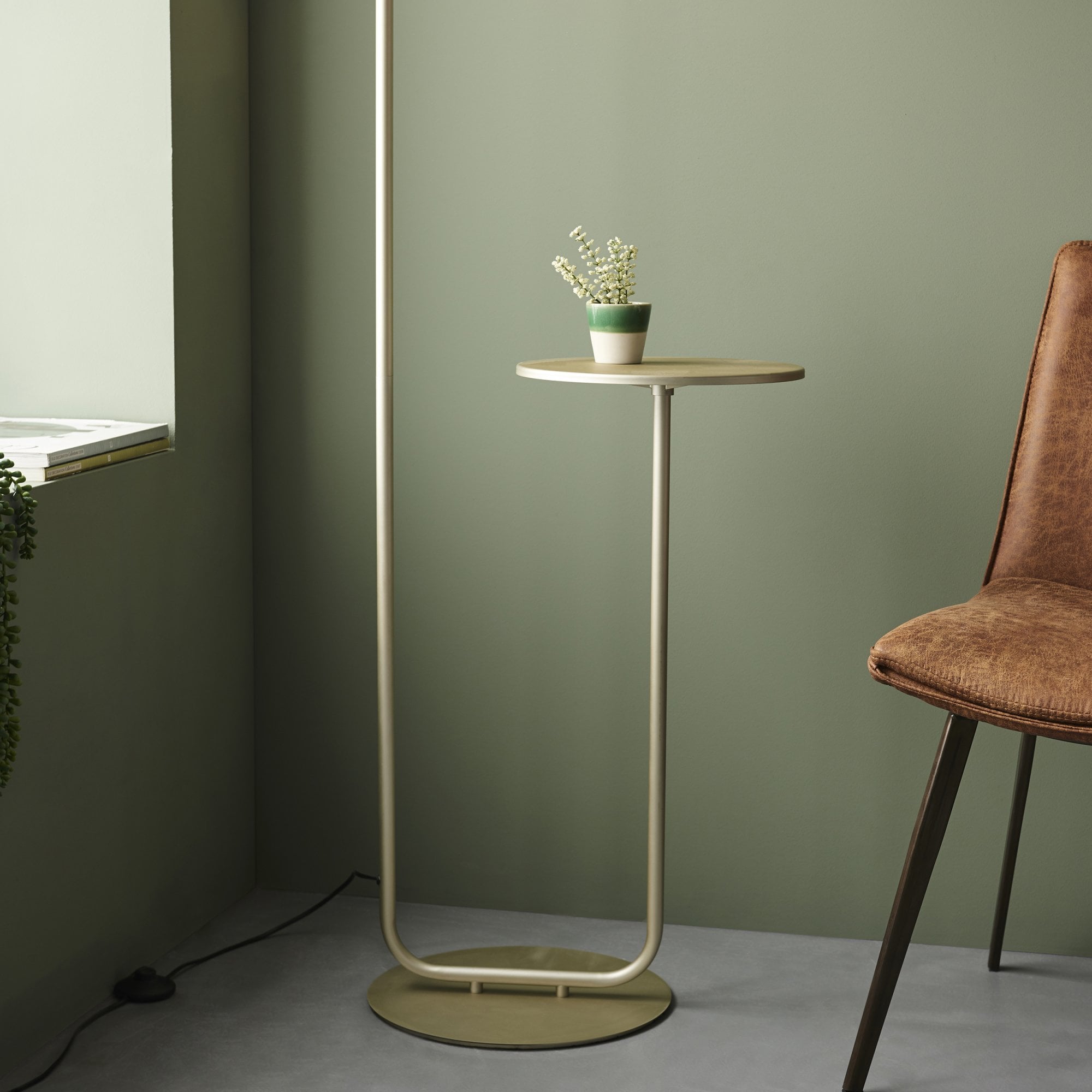 Utopia The Modern Floor Lamp With Table - Satin Champagne With Slate Grey Shade