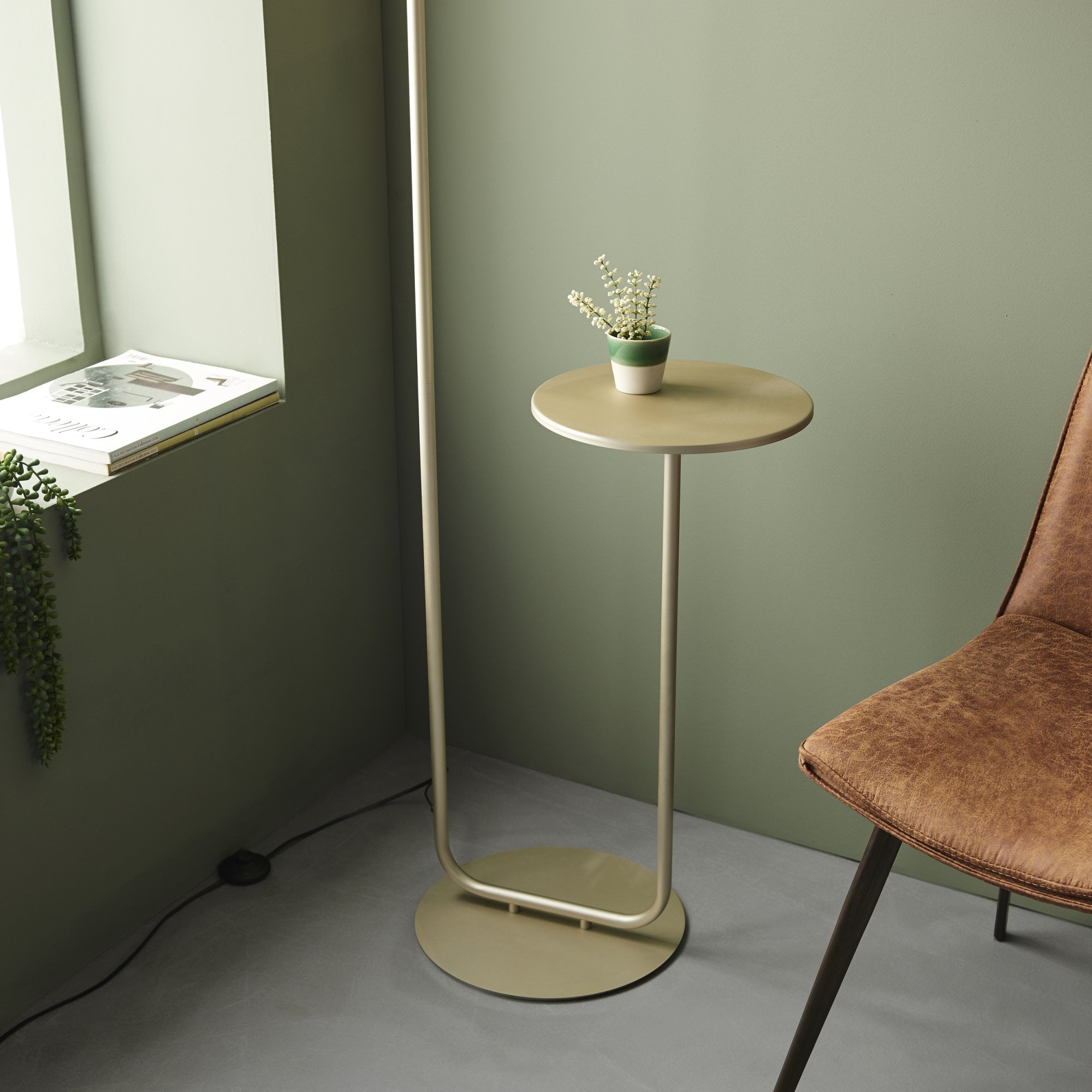 Utopia The Modern Floor Lamp With Table - Satin Champagne With Slate Grey Shade