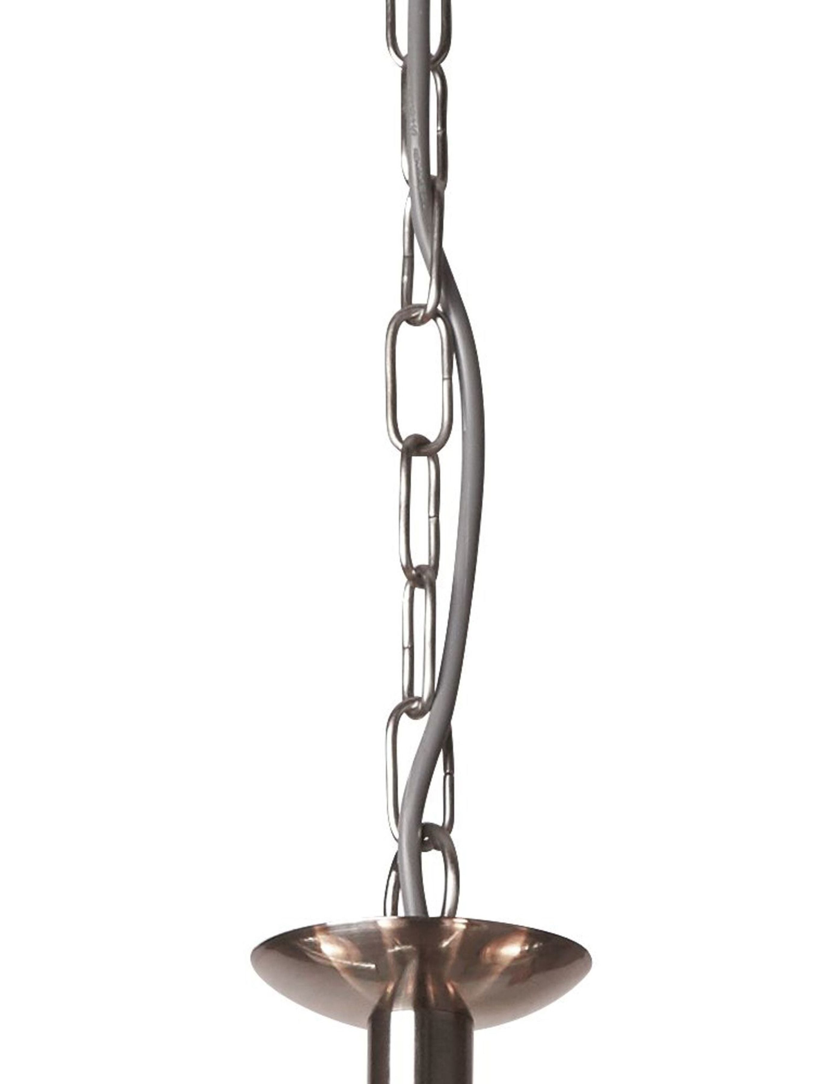 Close up of the Bistro II pendant's chain suspension and satin silver ceiling rose