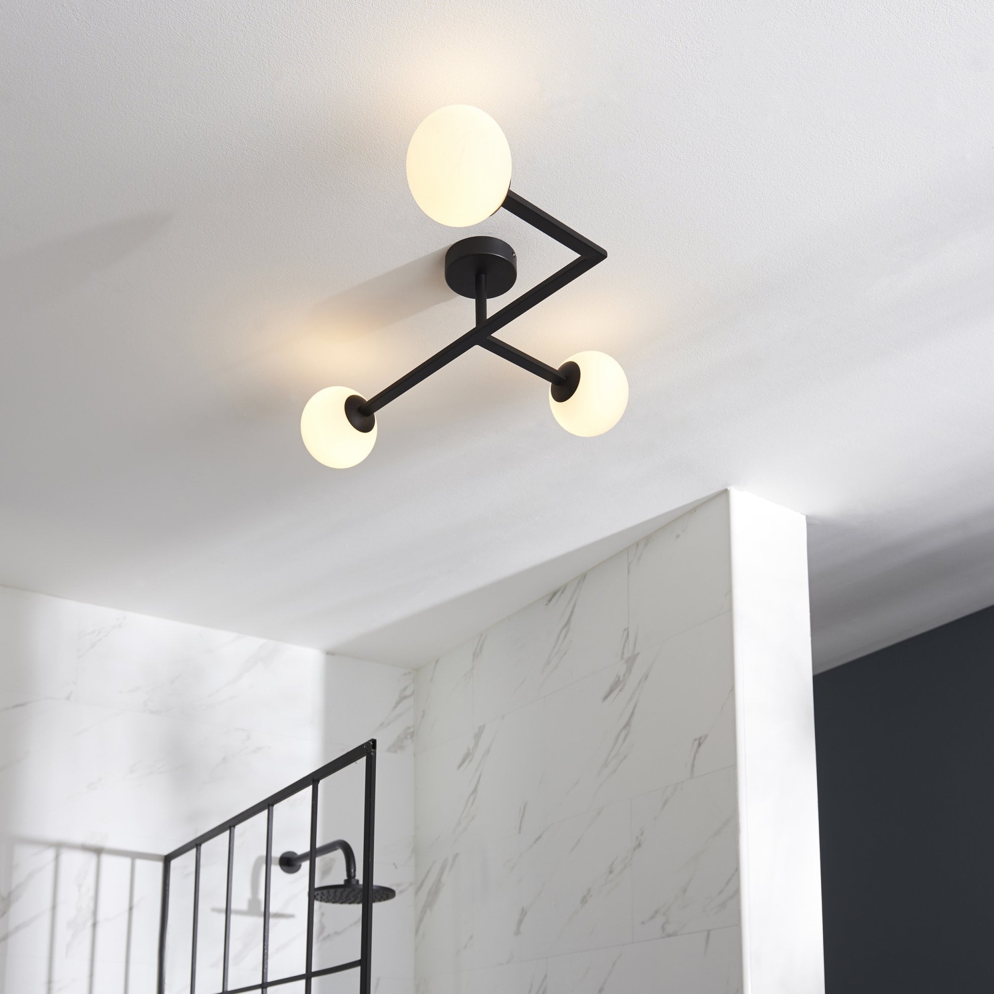 Utopia Linear Metal Semi Flush Fitting - Matt Black With White Globe