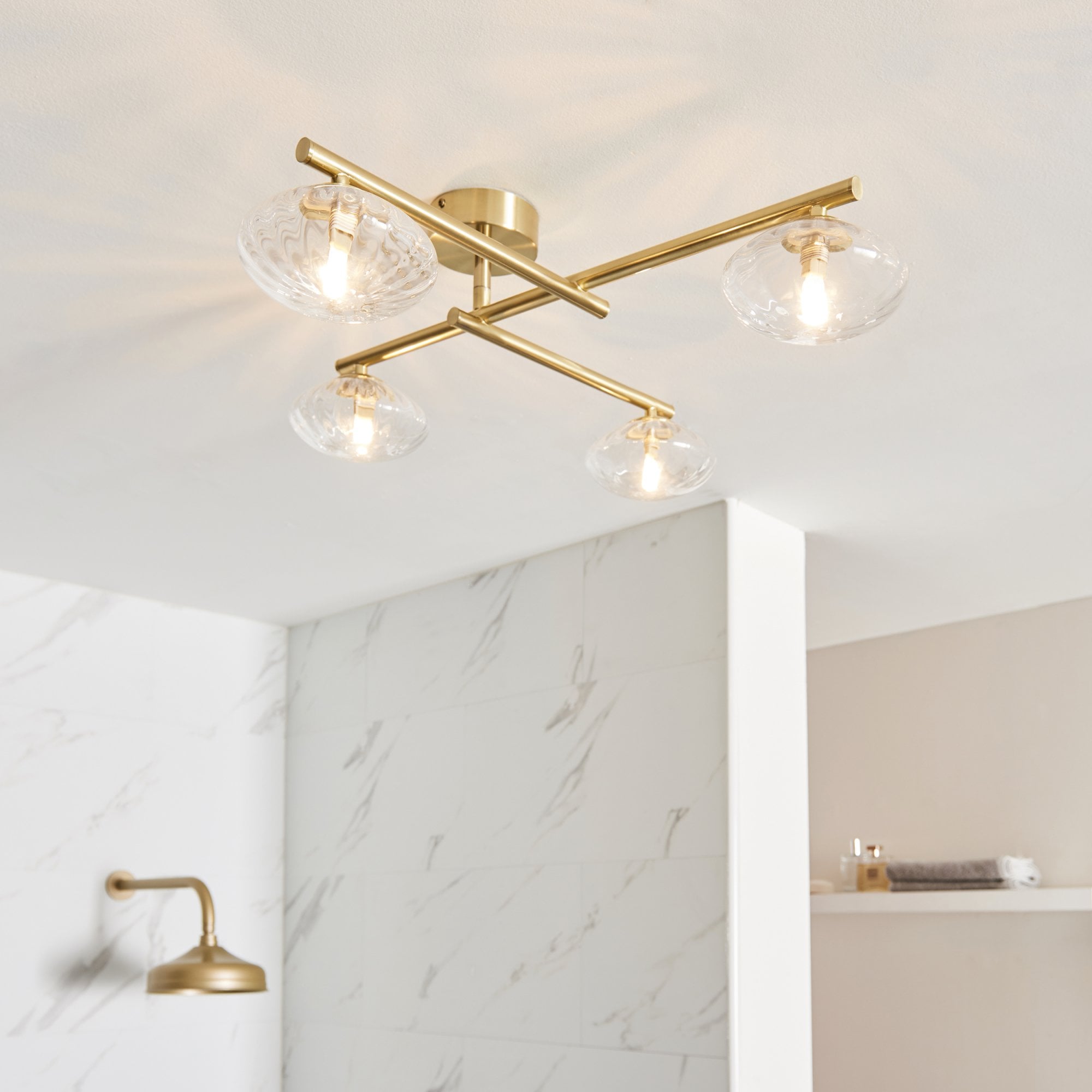 Utopia Linear Metal Semi Flush Fitting - Brushed Gold With 4 Ribbed Glass Shades