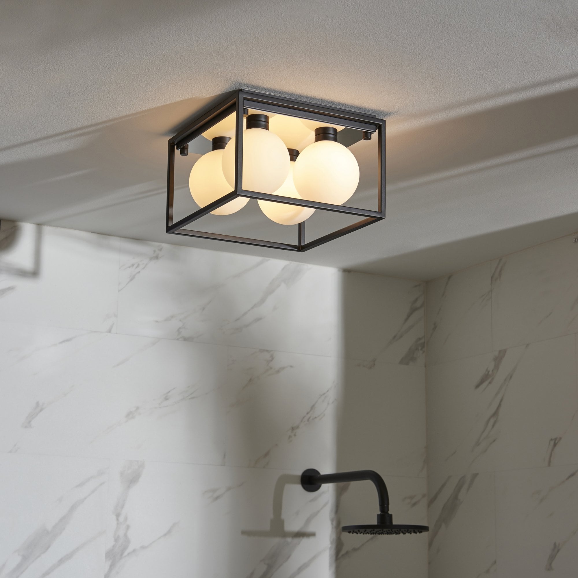 Utopia Square Box - Open Framed - Ceiling Light - Black With 4 White Globes