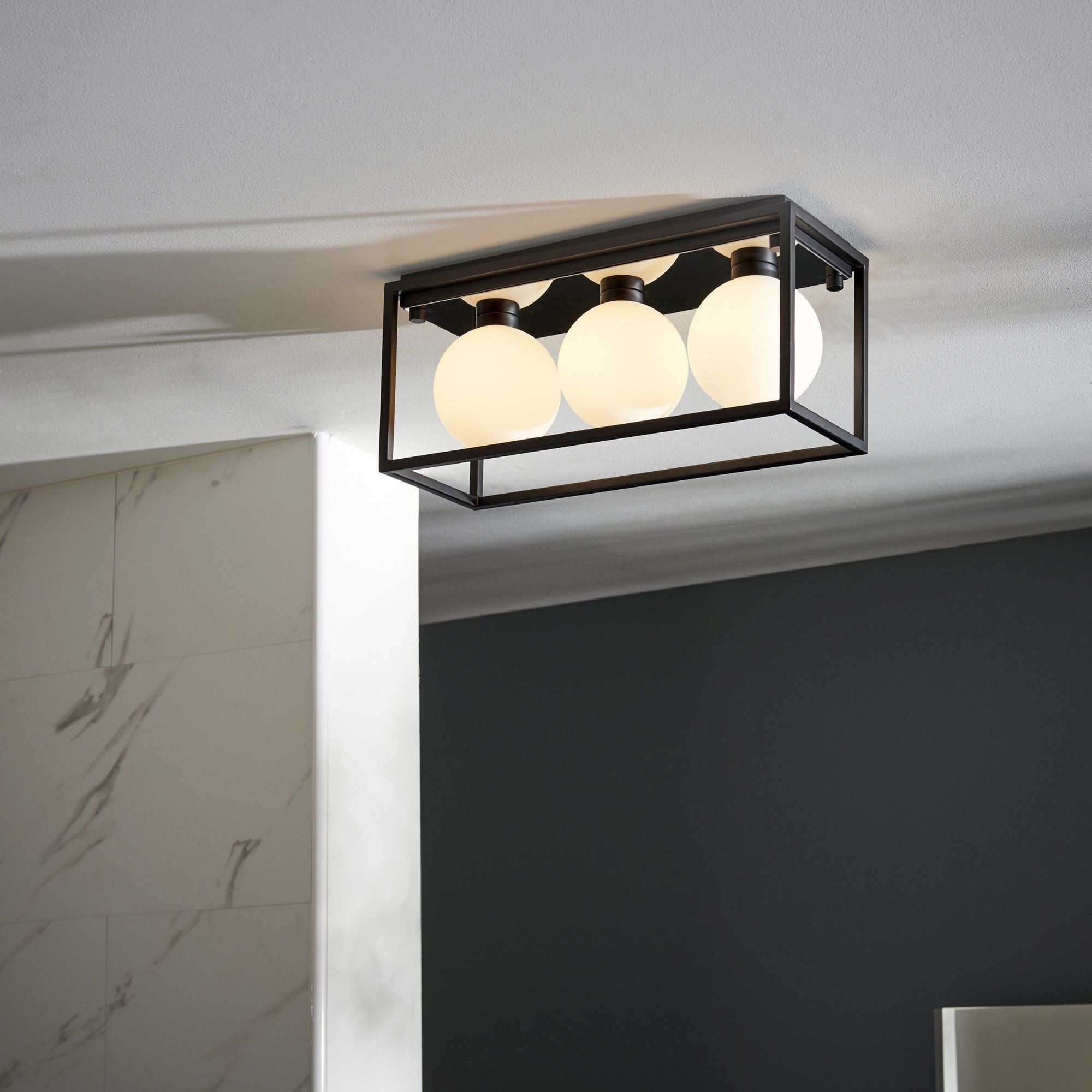 Utopia Rectangle Box - Open Framed - Ceiling Light - Black With 3 White Globes