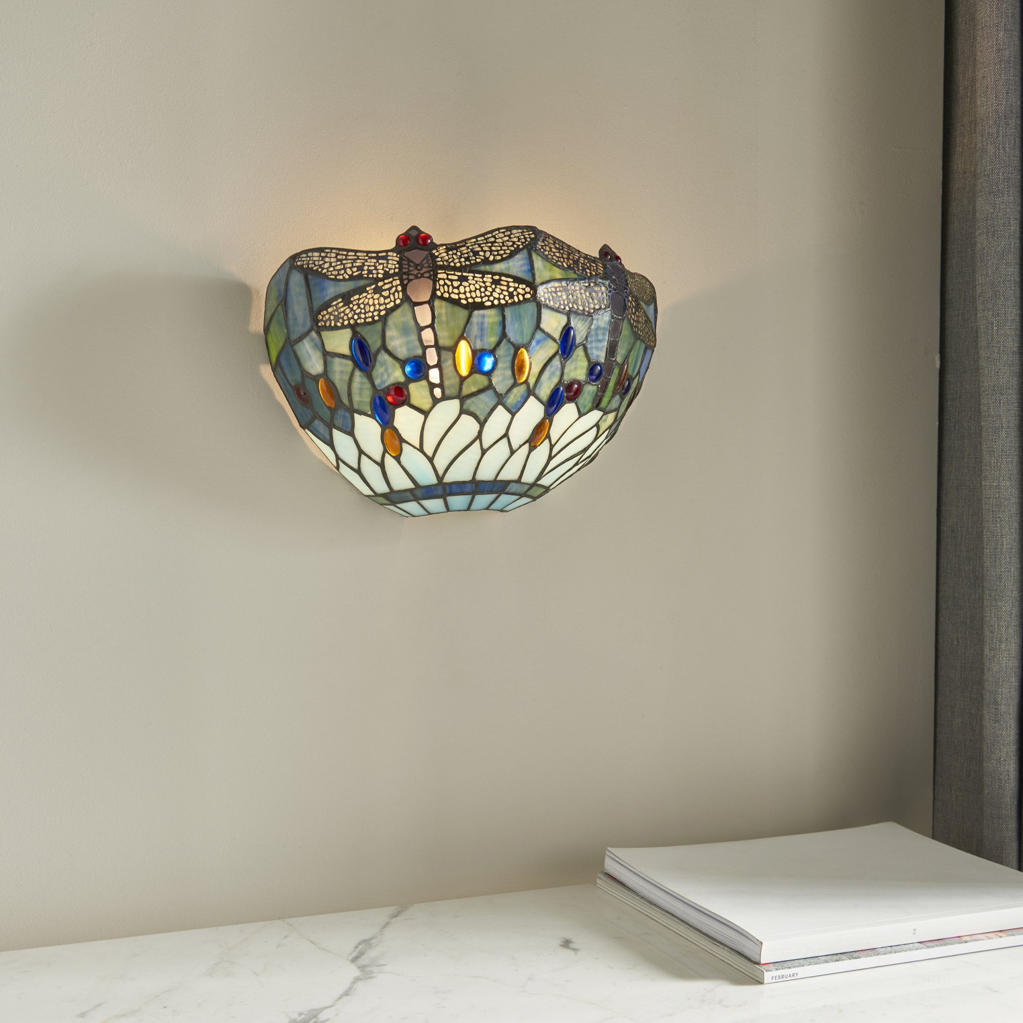 Interiors 1900 Dragonfly Blue Single Wall Fitting - Tiffany Glass