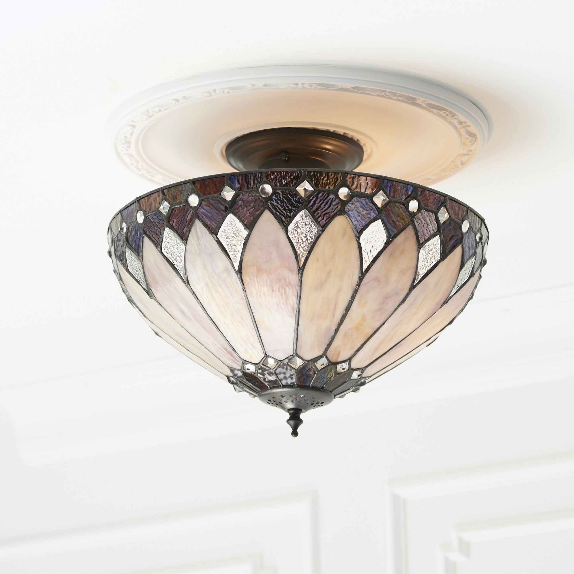 Interiors 1900 Brooklyn Medium 3 Light Semi-Flush Fitting - Tiffany Glass