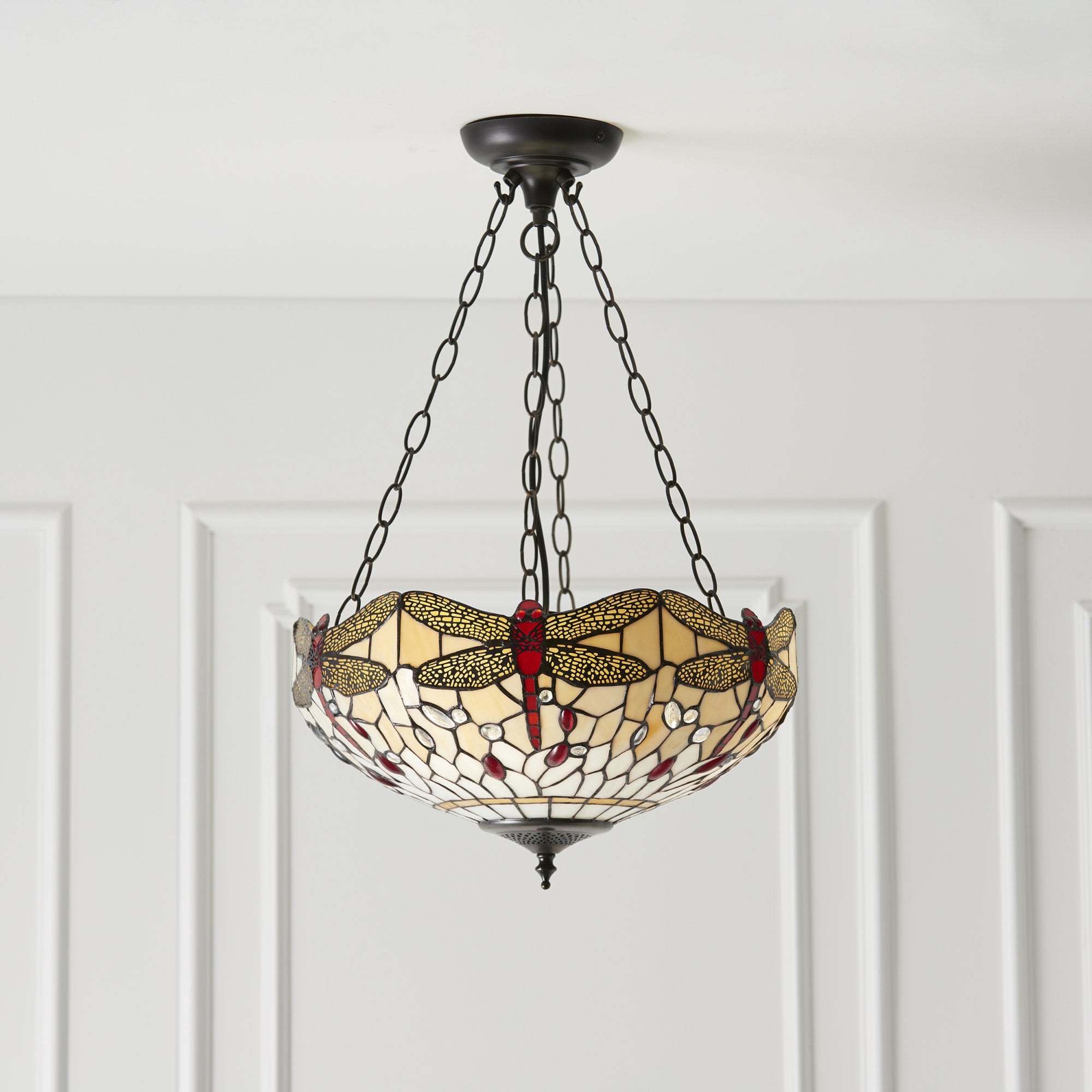 Interiors 1900 Dragonfly Beige Medium Inverted 3 Light Pendant - Tiffany Glass