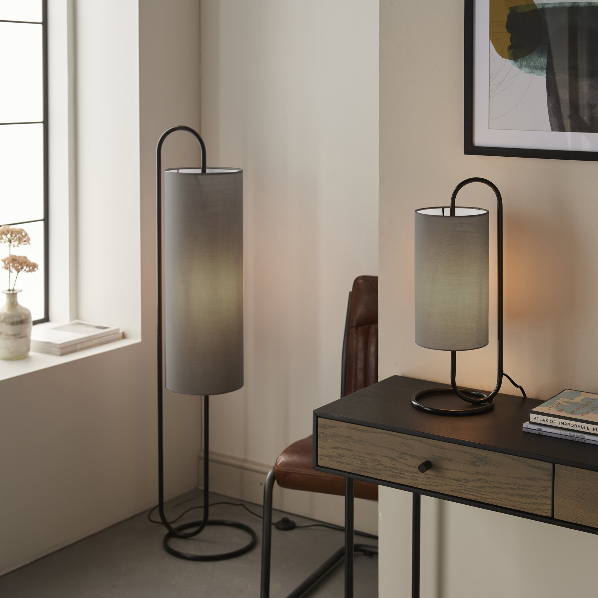 Endon Klip Metal Frame Table Lamp - Matt Black With Grey Shade - Short