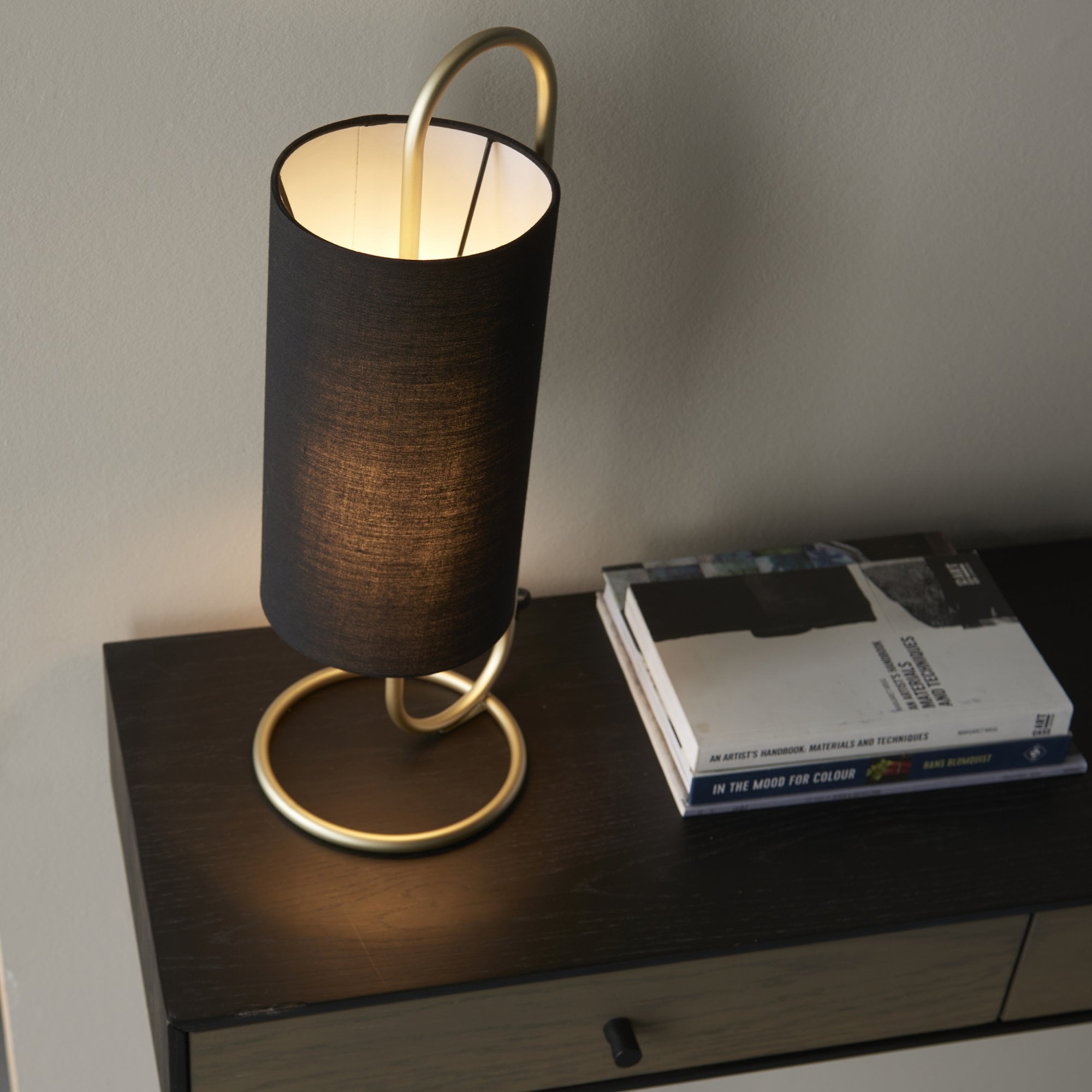 Endon Klip Metal Frame Table Lamp - Antique Brass With Black Shade - Short