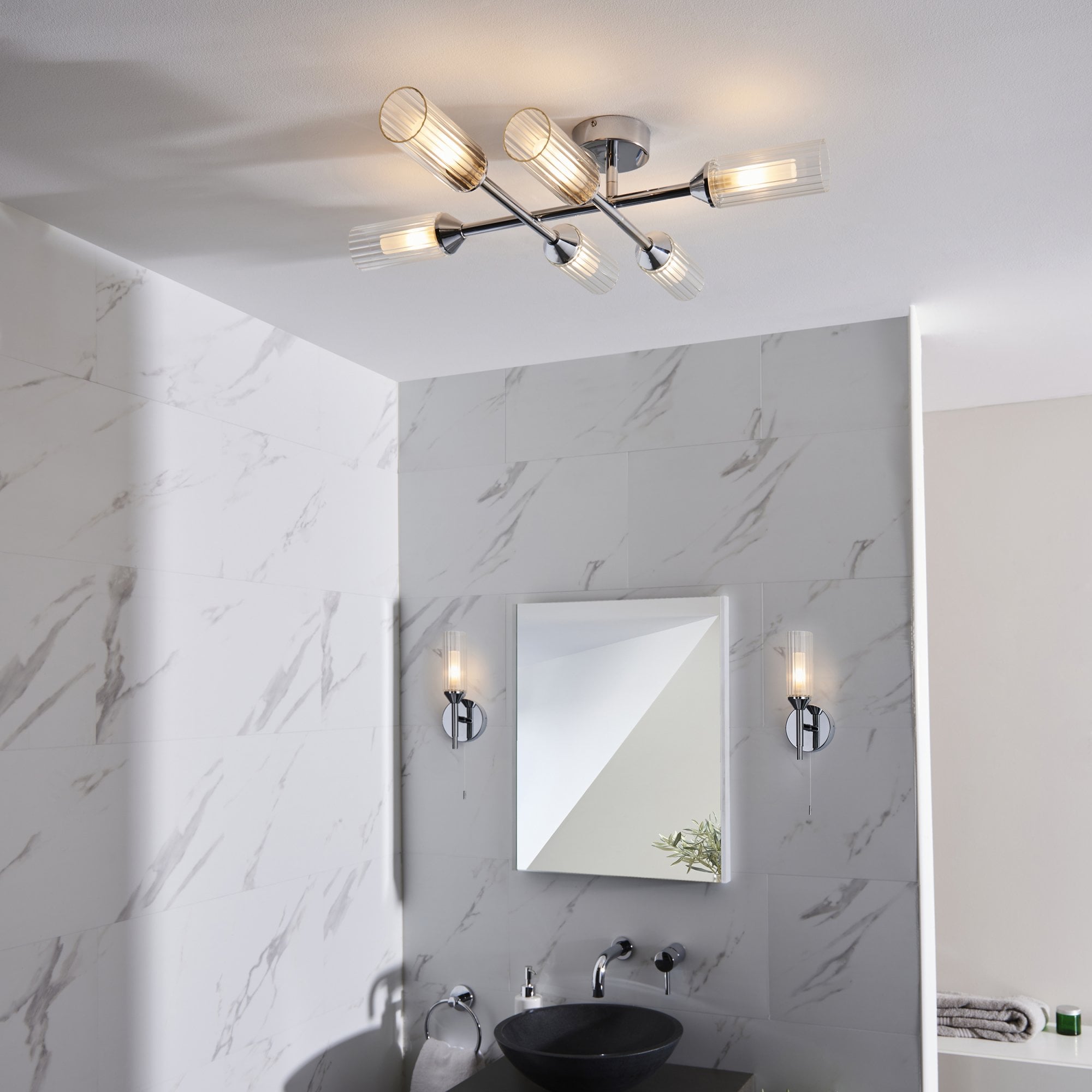 Utopia Flute 6 Light Semi-Flush - Ribbed & Frosted Chrome
