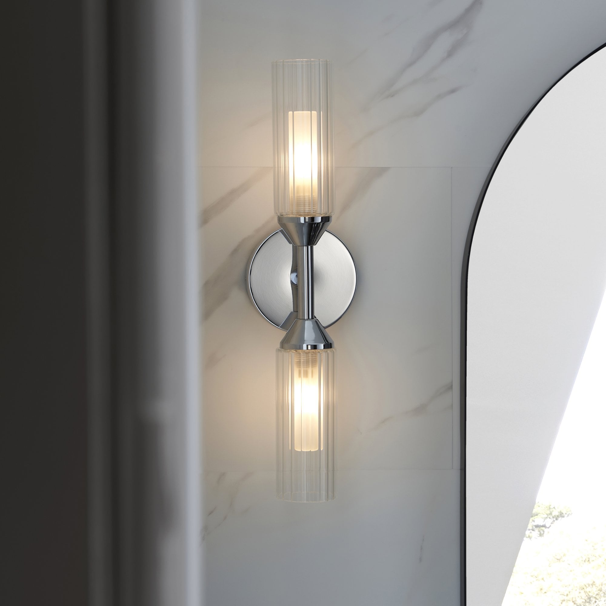 Utopia Flute Double Wall Light - Frosted, Ribbed Glass & Chrome