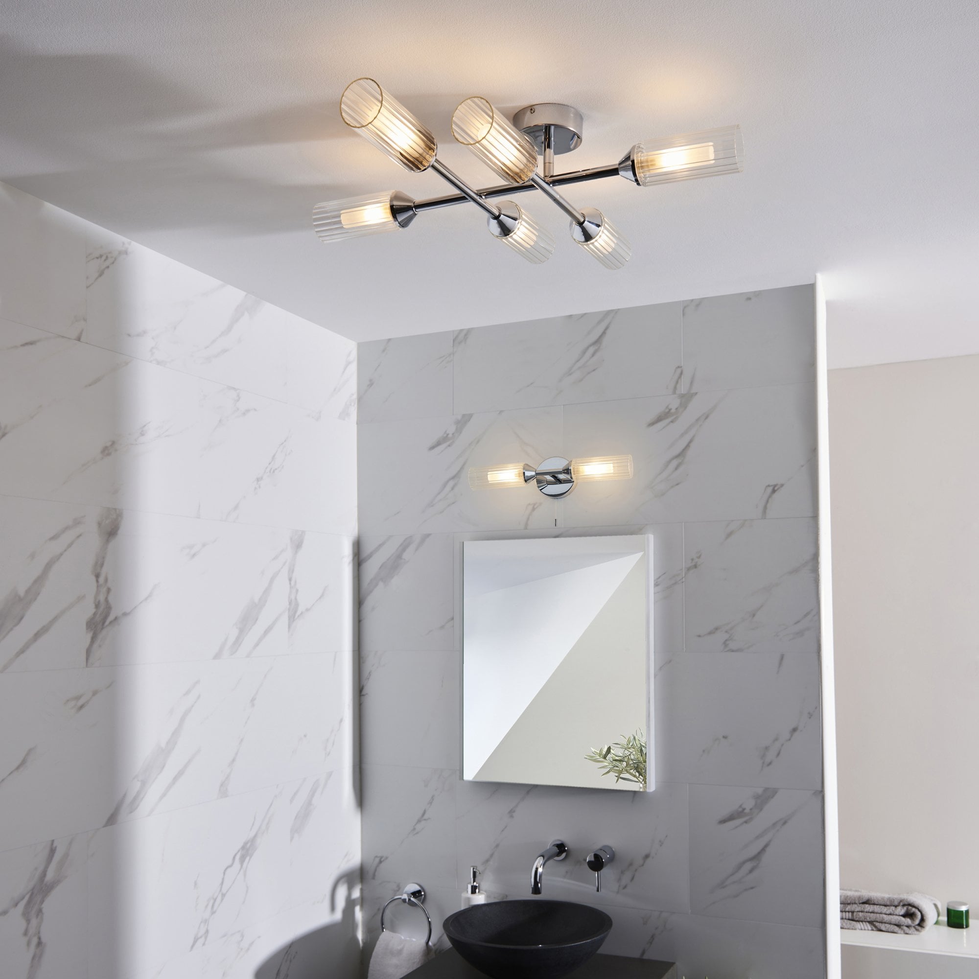 Utopia Flute Double Wall Light - Frosted, Ribbed Glass & Chrome