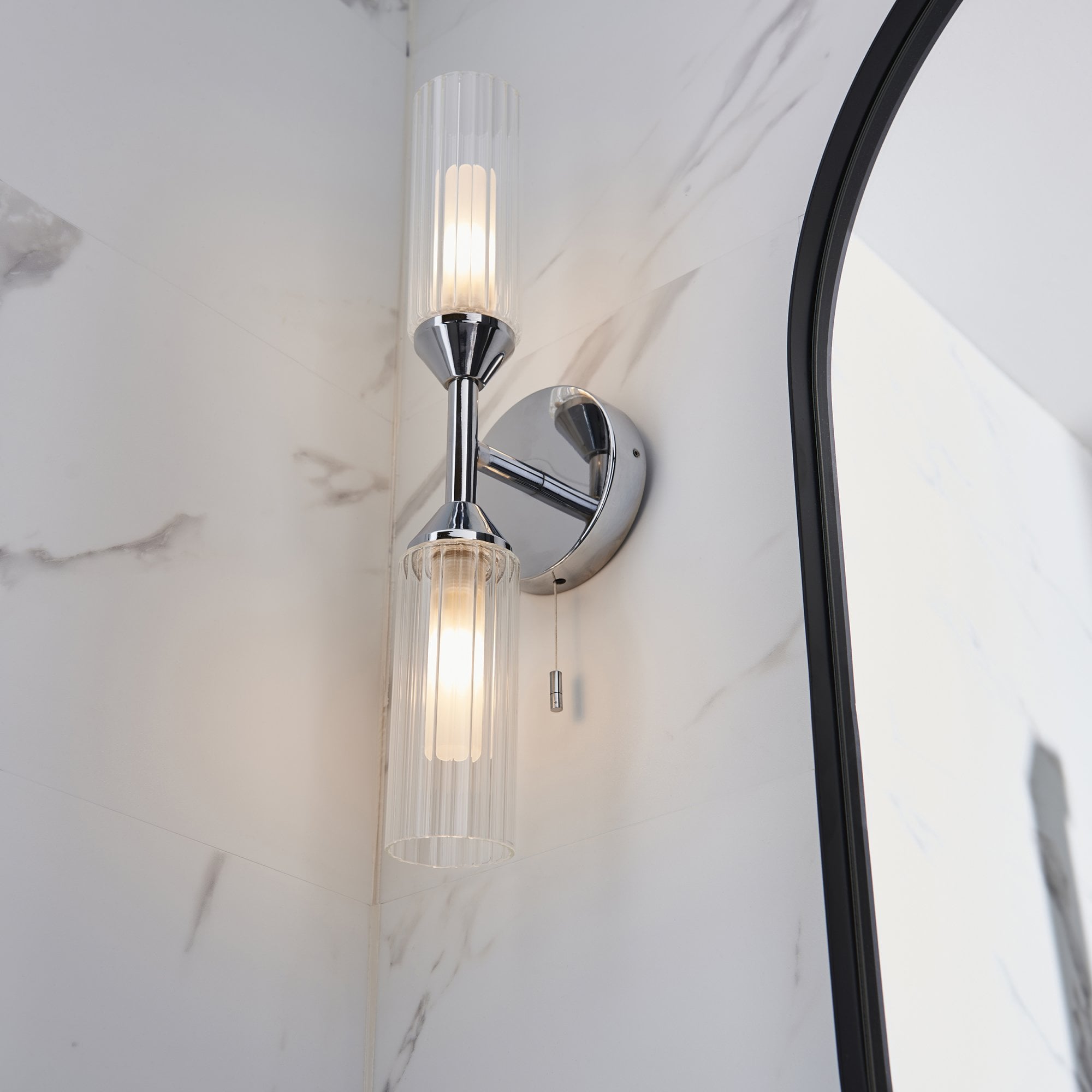 Utopia Flute Double Wall Light - Frosted, Ribbed Glass & Chrome