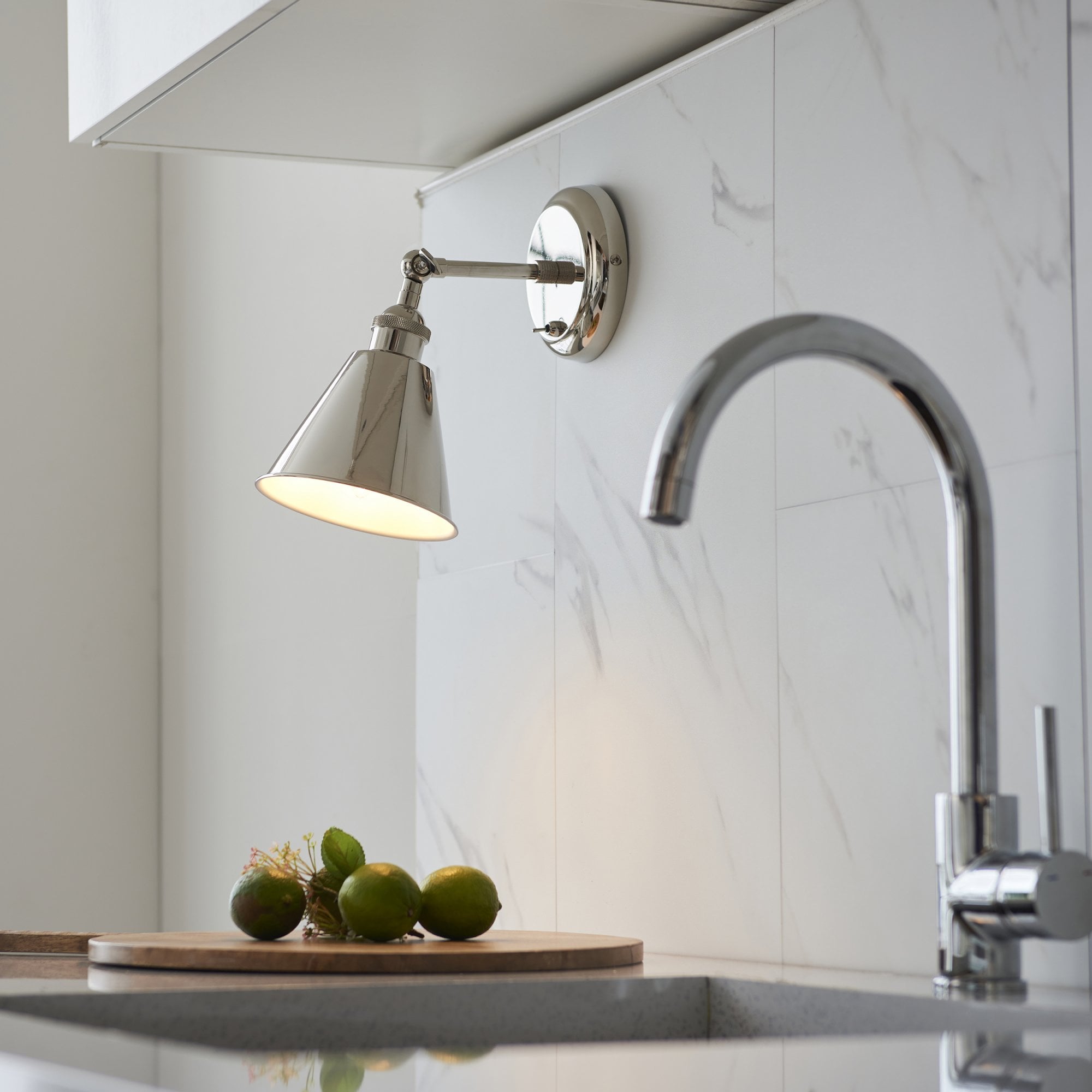 Endon Hal Single Wall Light - Bright Nickel & Satin White