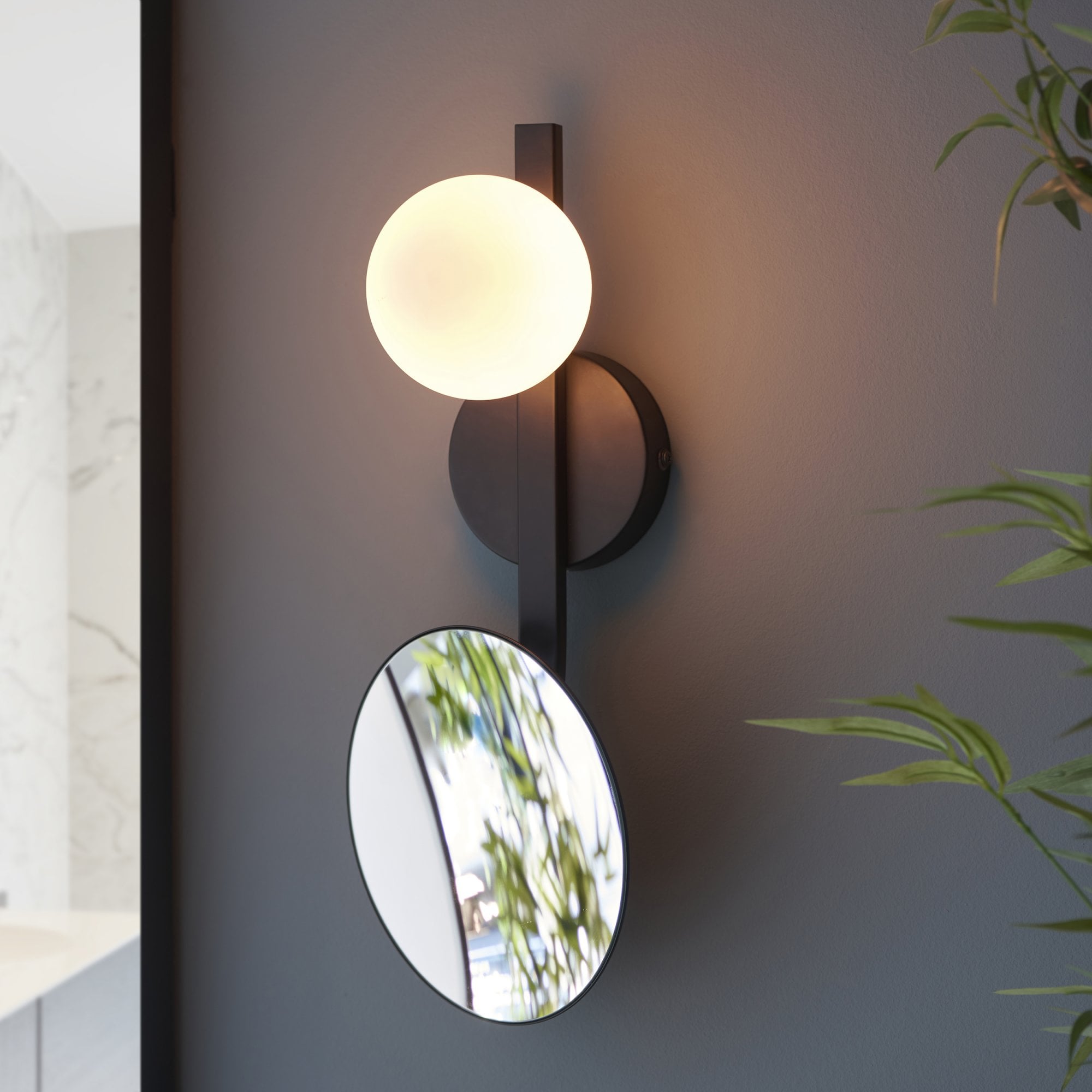 Utopia Mini Moon & Mirror IP44 Wall Light - Black & Opal Glass