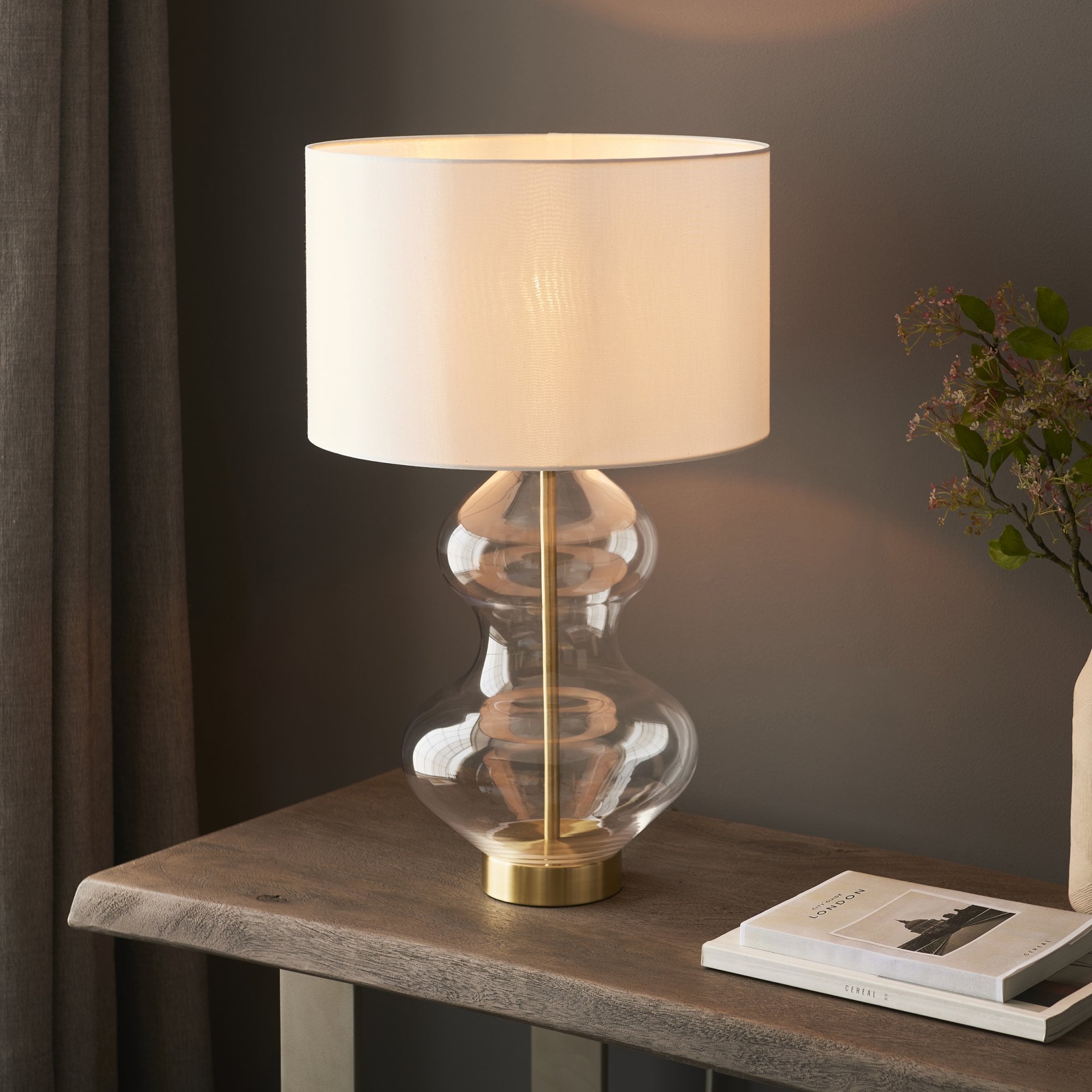 Endon Kelda Shaped Touch Table Lamp - Satin Brass & Vintage White Shade