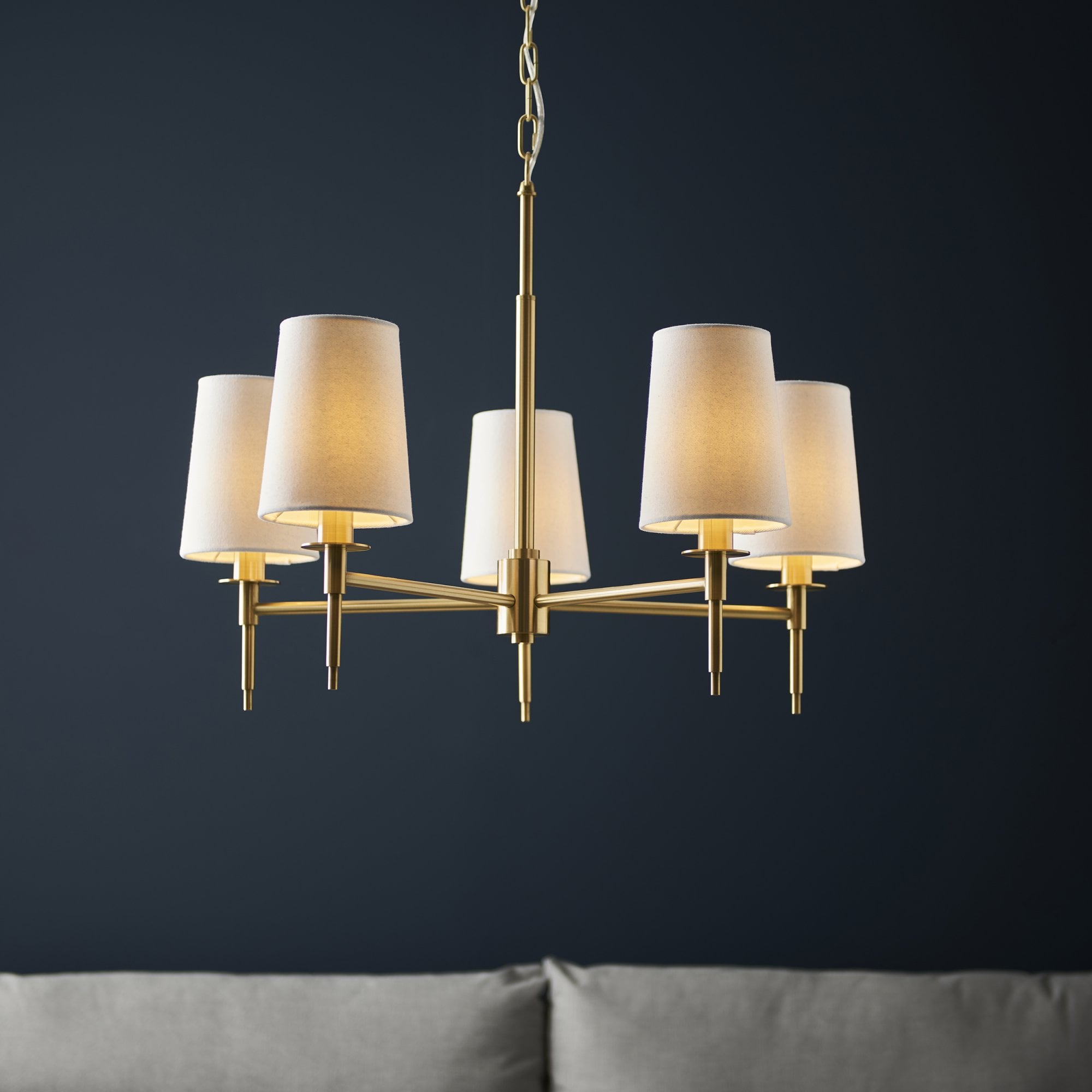 Utopia Eton 5 Light Multi Arm Pendant - Satin Brass & Tapered Shades