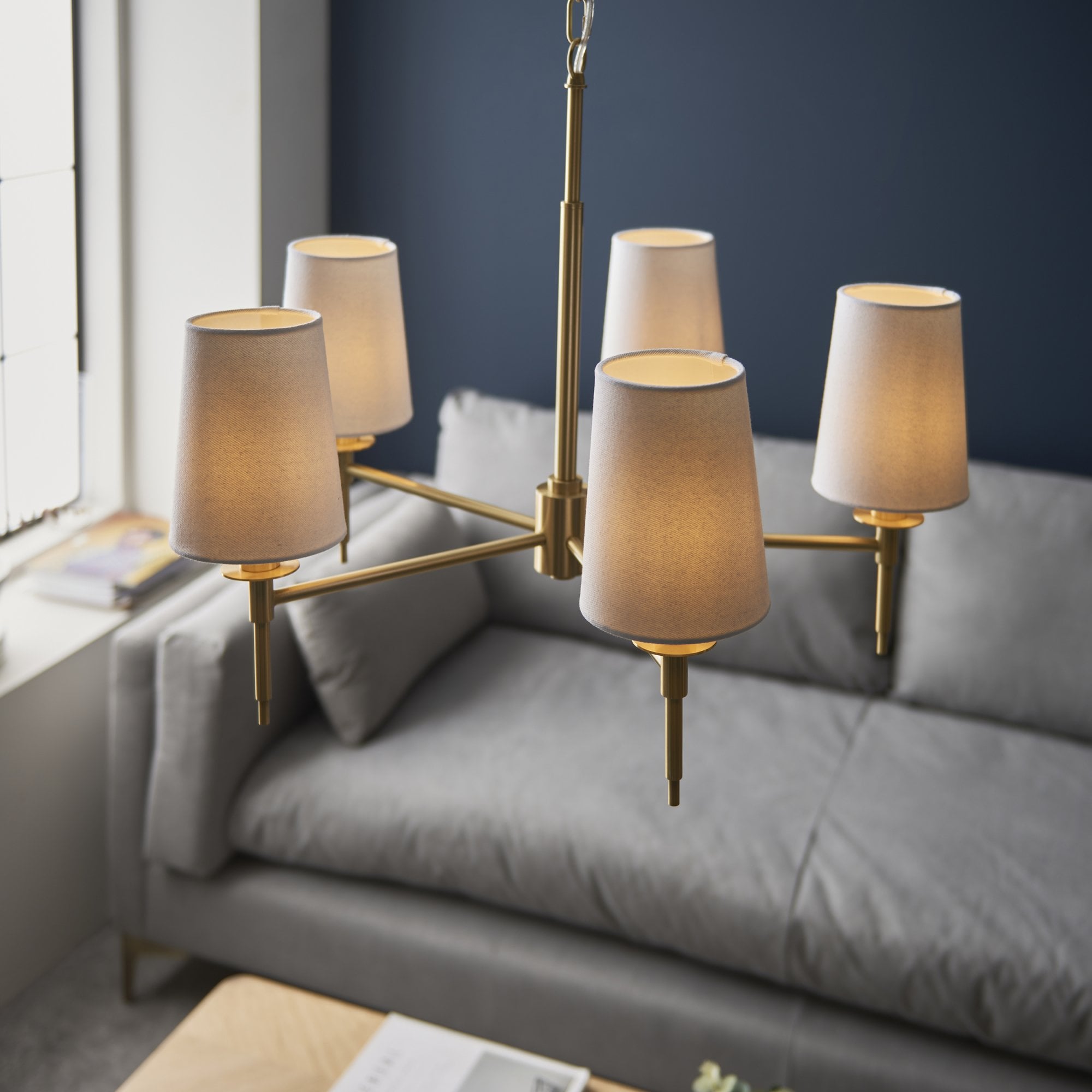 Utopia Eton 5 Light Multi Arm Pendant - Satin Brass & Tapered Shades