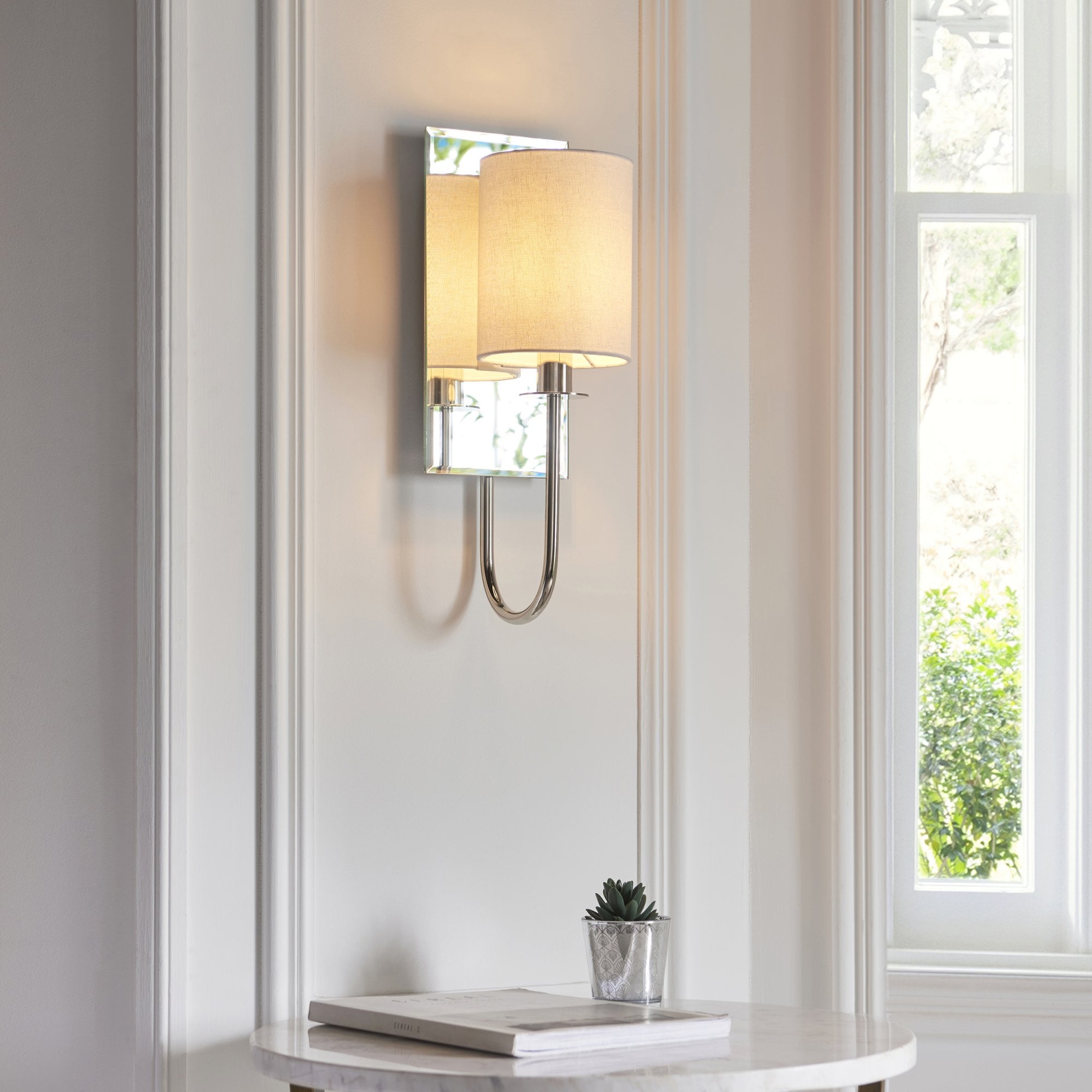 Utopia Magnum Mirrored Wall Light - Bright Nickel & Vintage White Shade