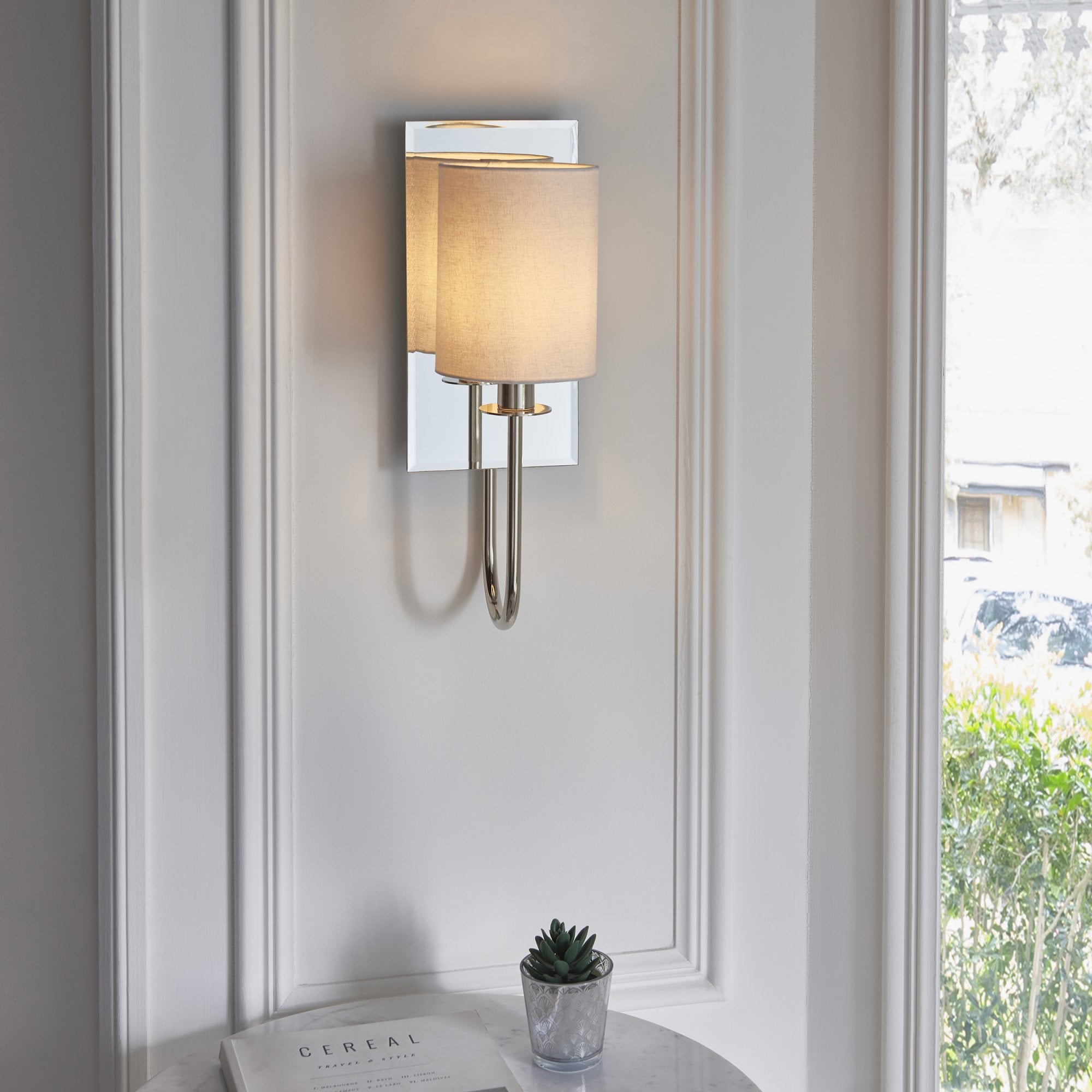 Utopia Magnum Mirrored Wall Light - Bright Nickel & Vintage White Shade