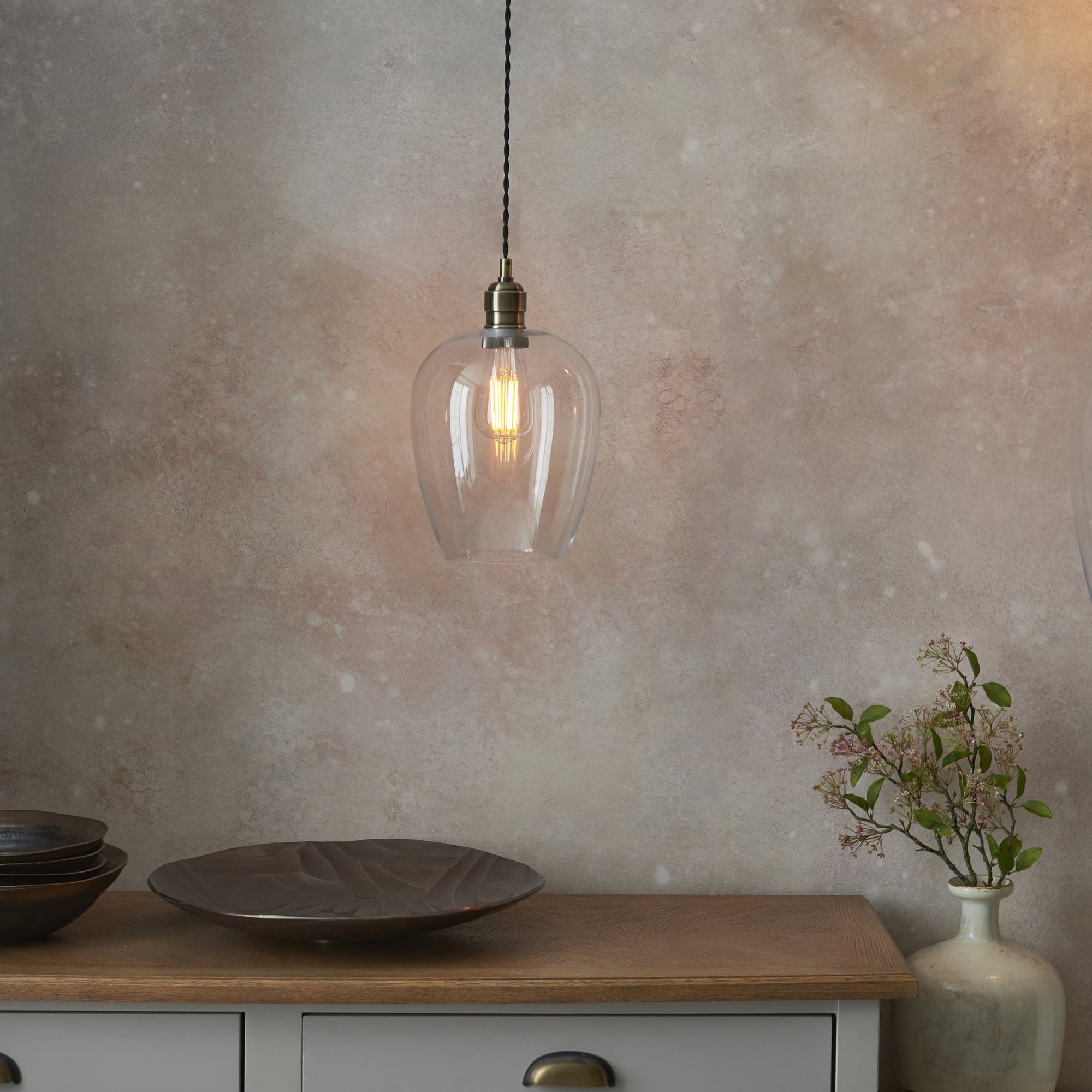 Utopia Walton Single Light Ceiling Pendant - Antique Brass & Clear Glass