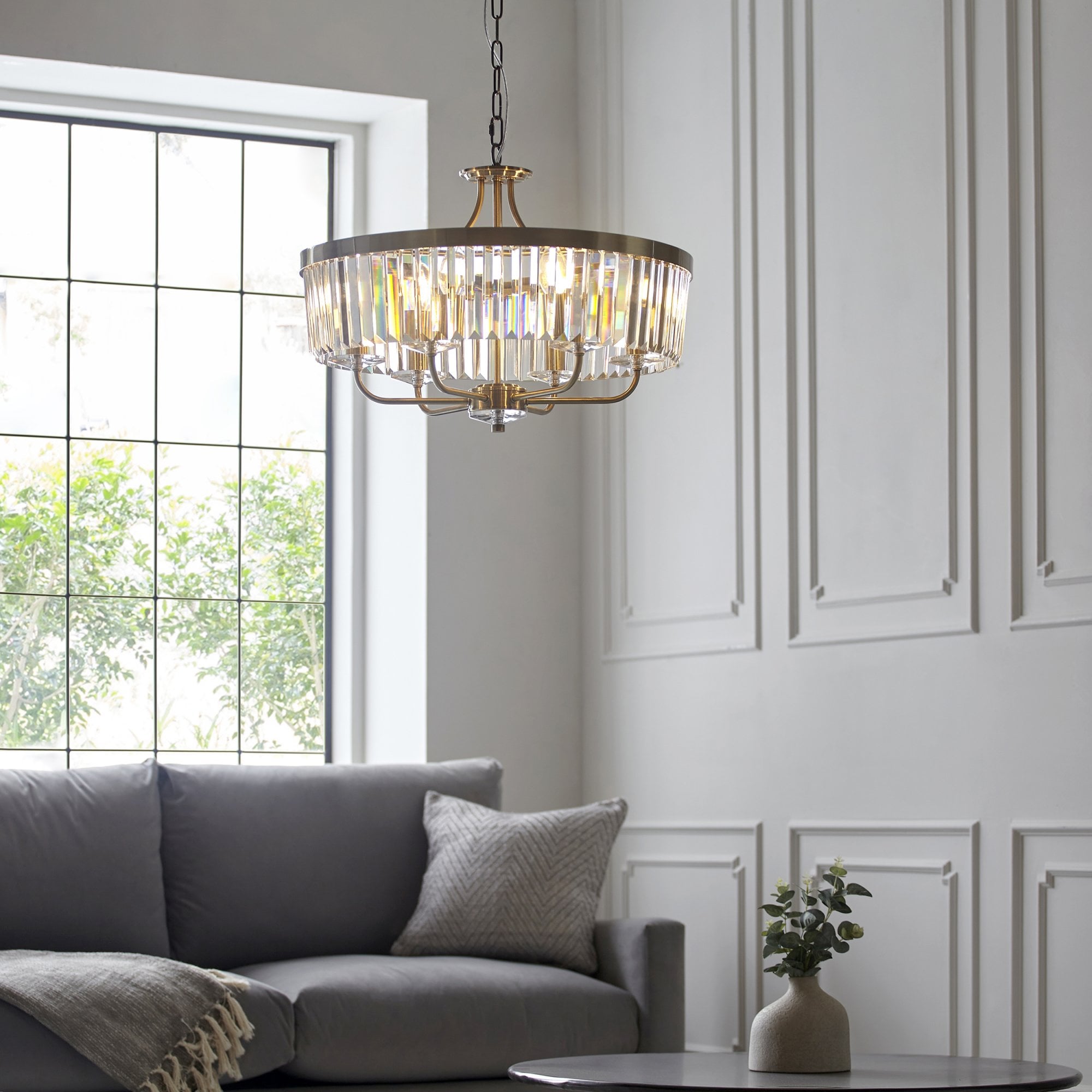Utopia Martini 6 Light Pendant Chandelier - Antique Brass & Clear Cut Glass
