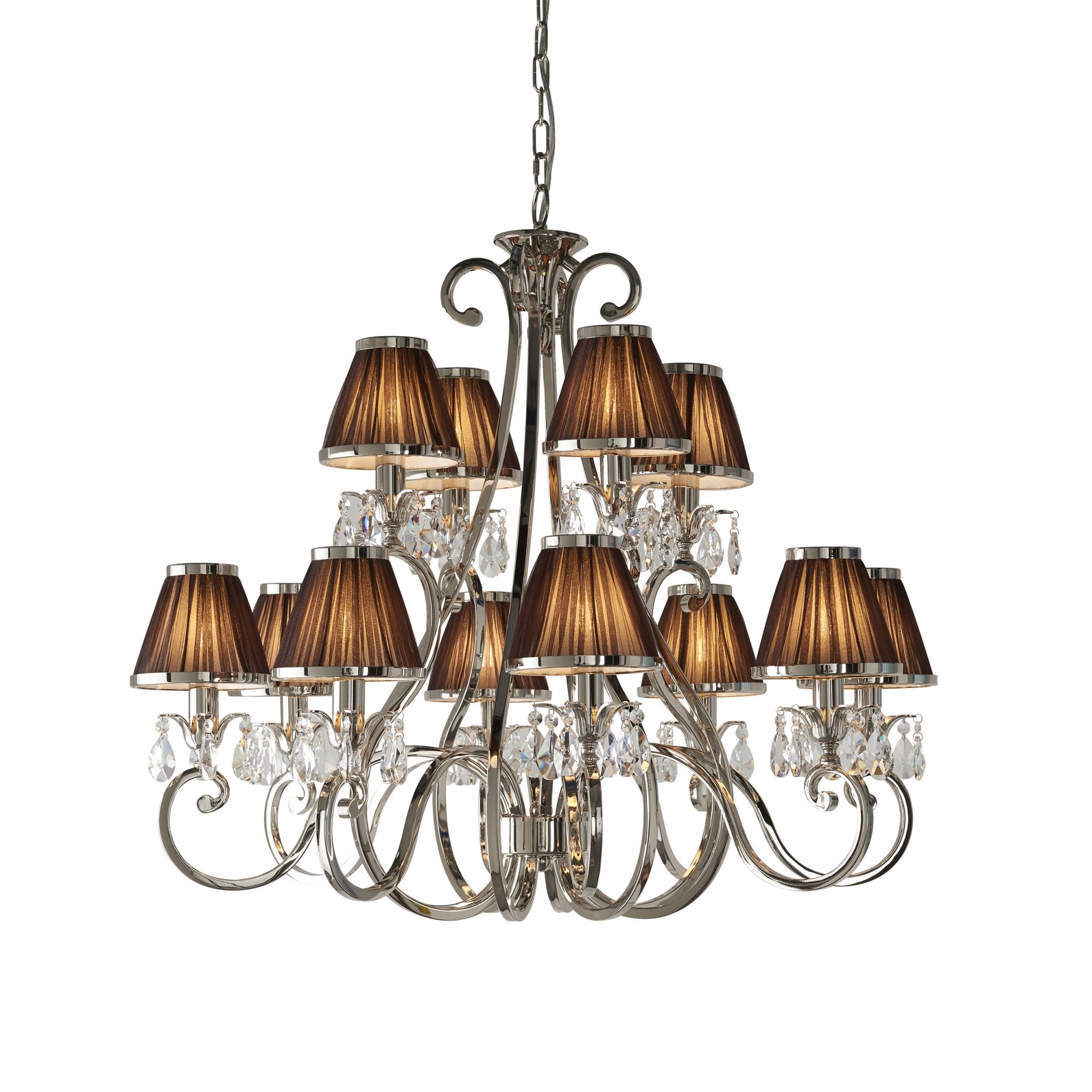 Interiors 1900 Oksana 12 Light Pendant - Nickel & Chocolate Shades