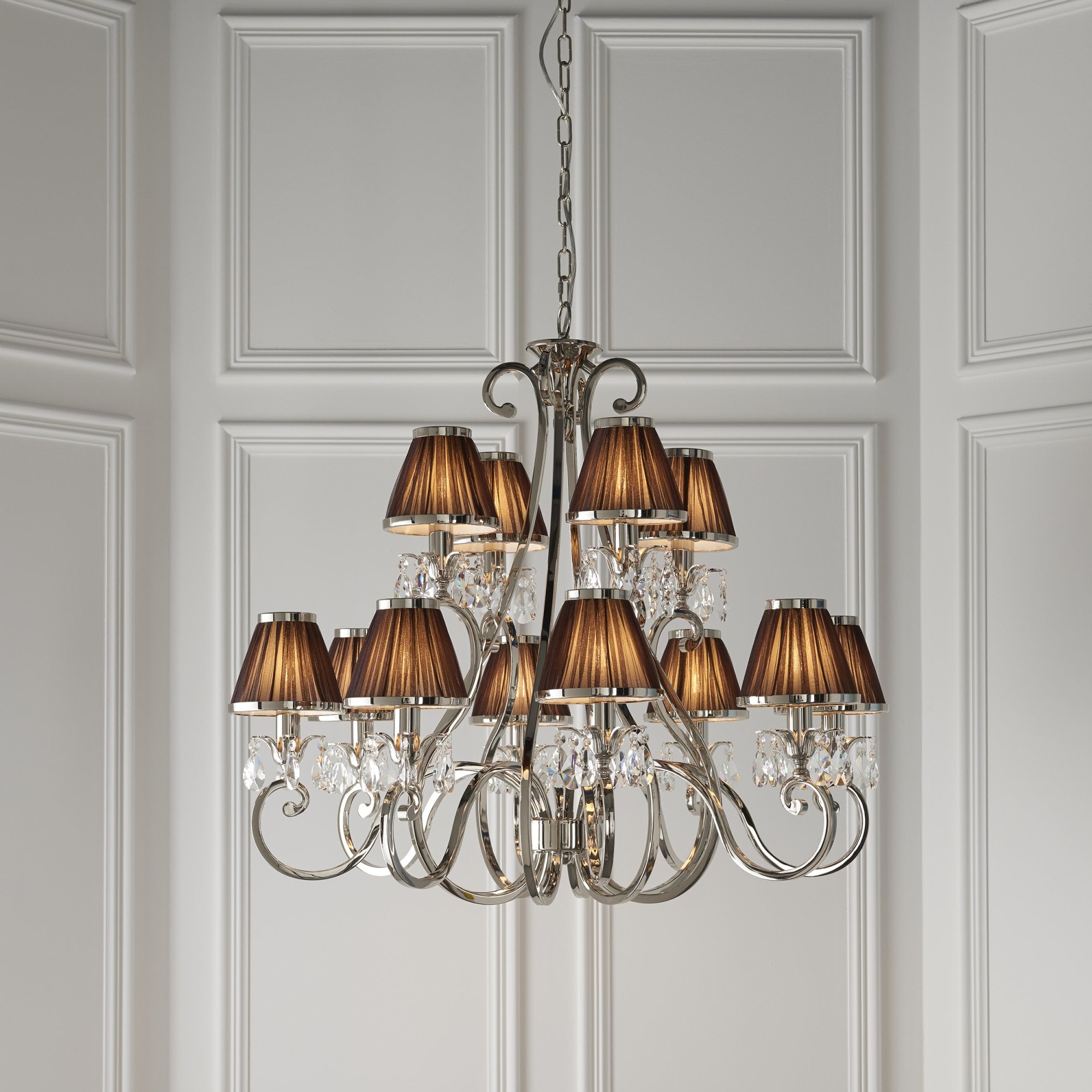 Interiors 1900 Oksana 12 Light Pendant - Nickel & Chocolate Shades