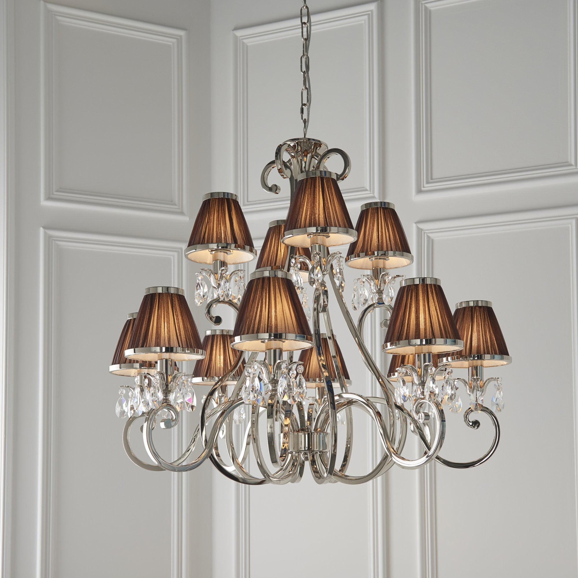 Interiors 1900 Oksana 12 Light Pendant - Nickel & Chocolate Shades