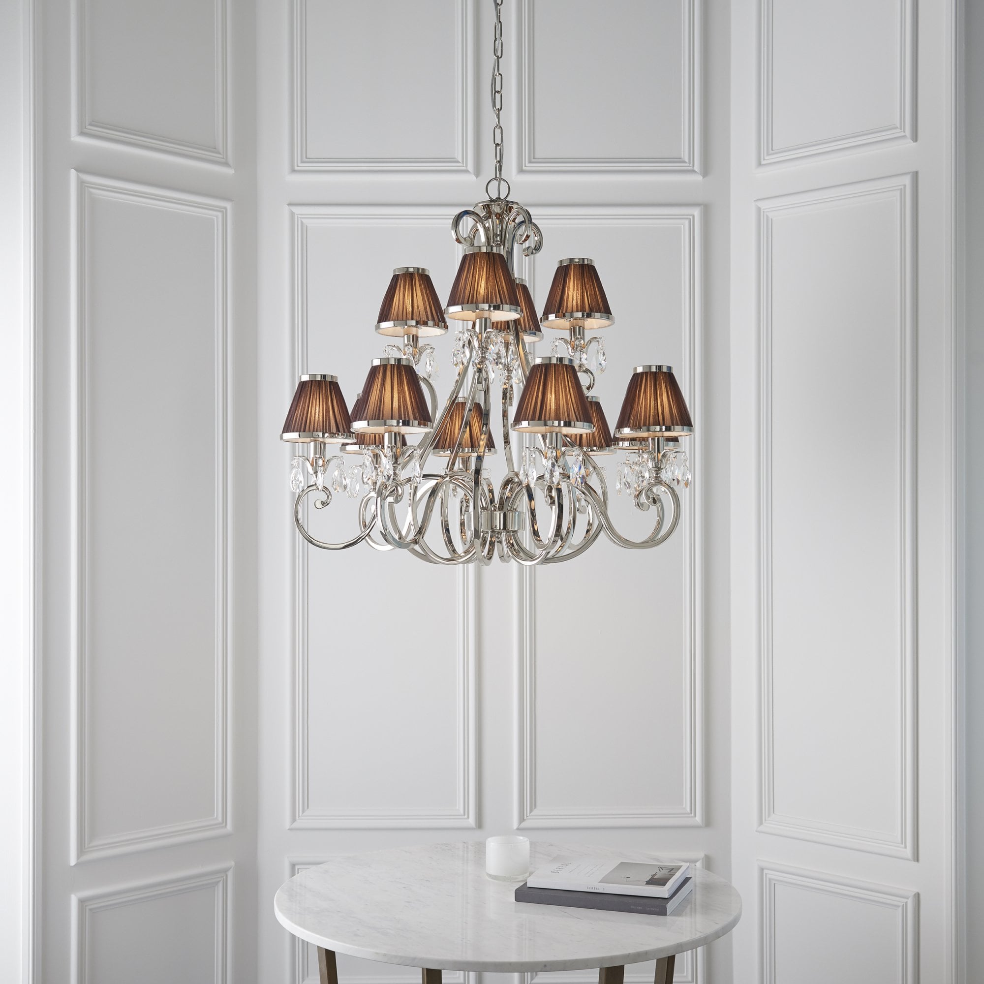 Interiors 1900 Oksana 12 Light Pendant - Nickel & Chocolate Shades