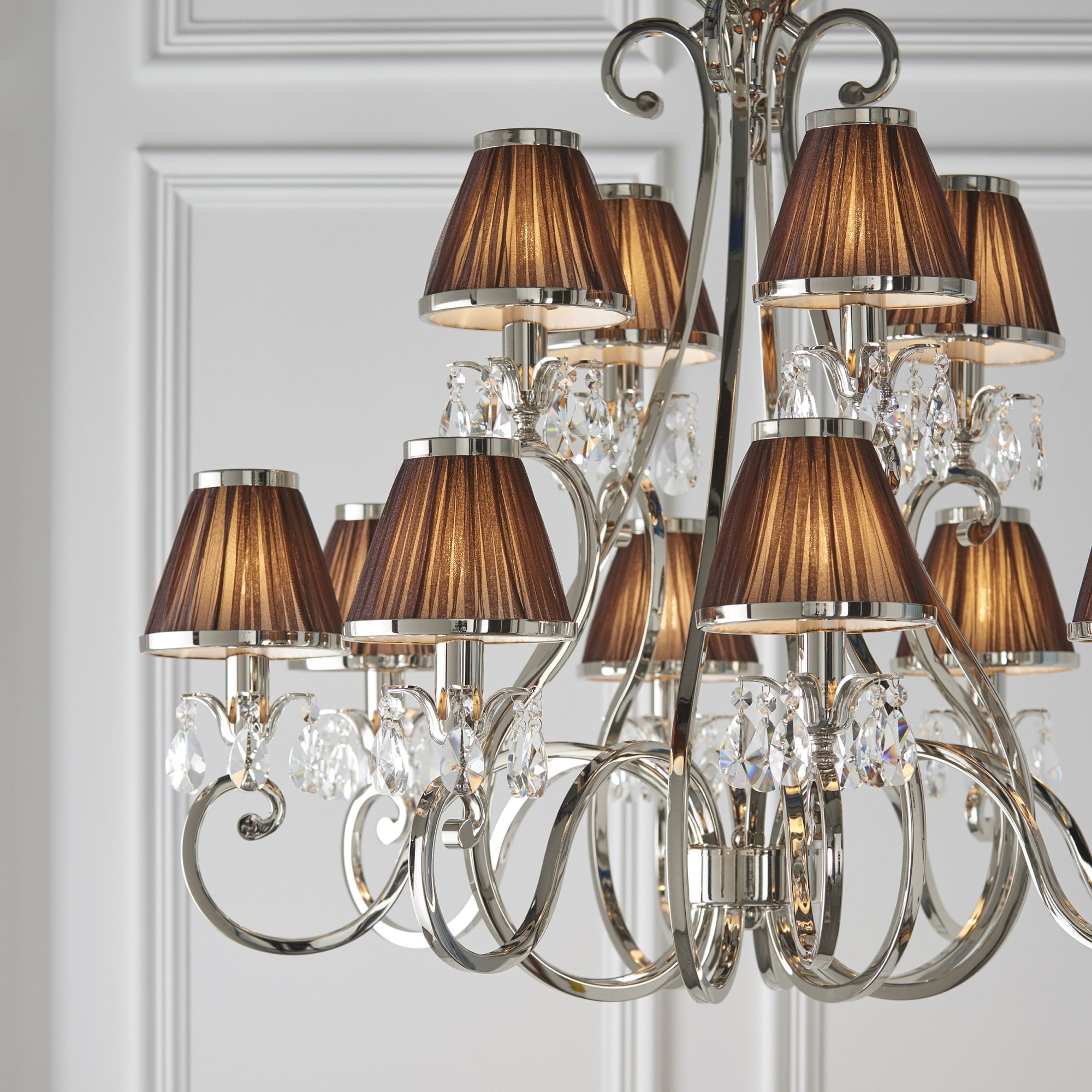Interiors 1900 Oksana 12 Light Pendant - Nickel & Chocolate Shades