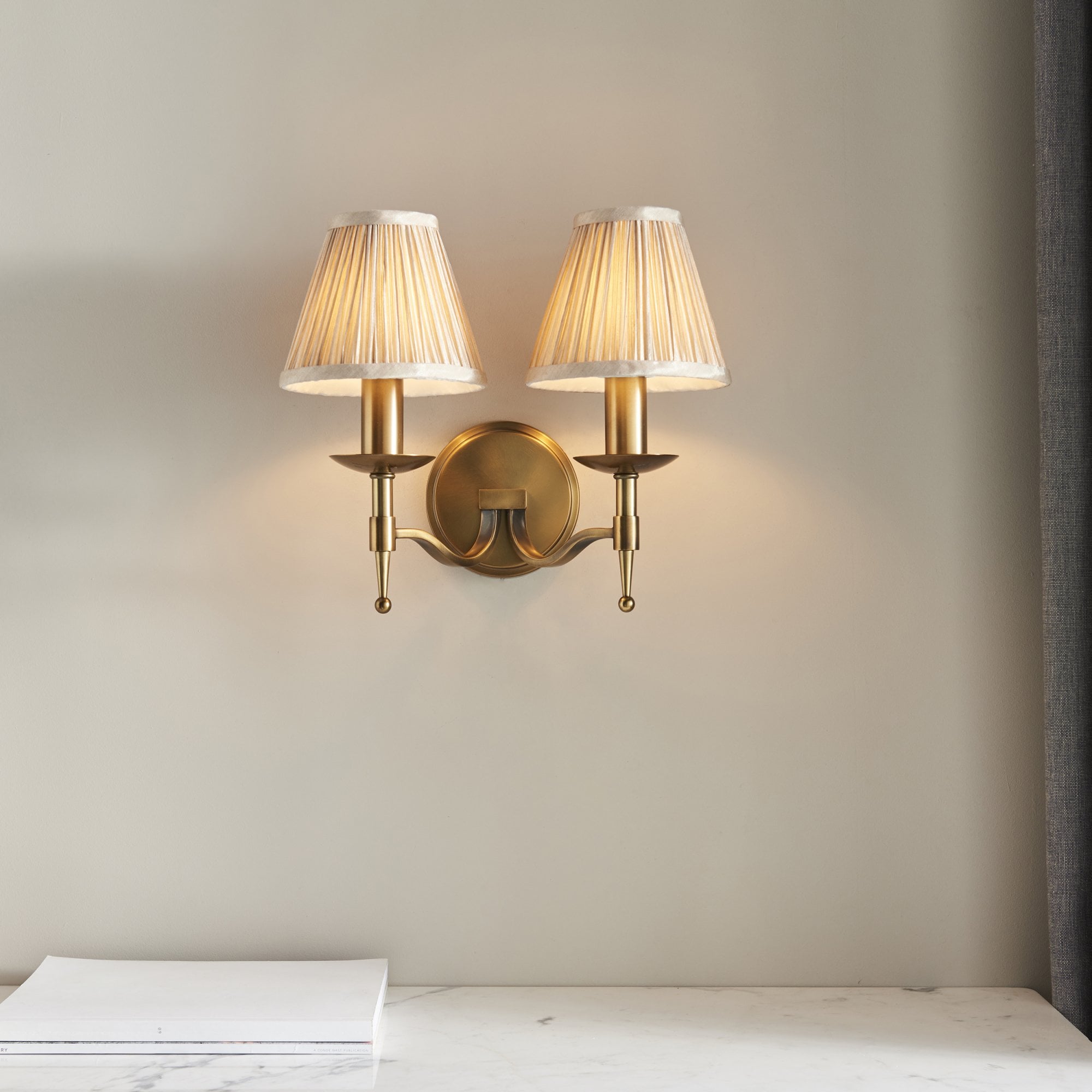 Interiors 1900 Stanford 2 Light Wall Light - Antique Brass & Beige Organza Shades