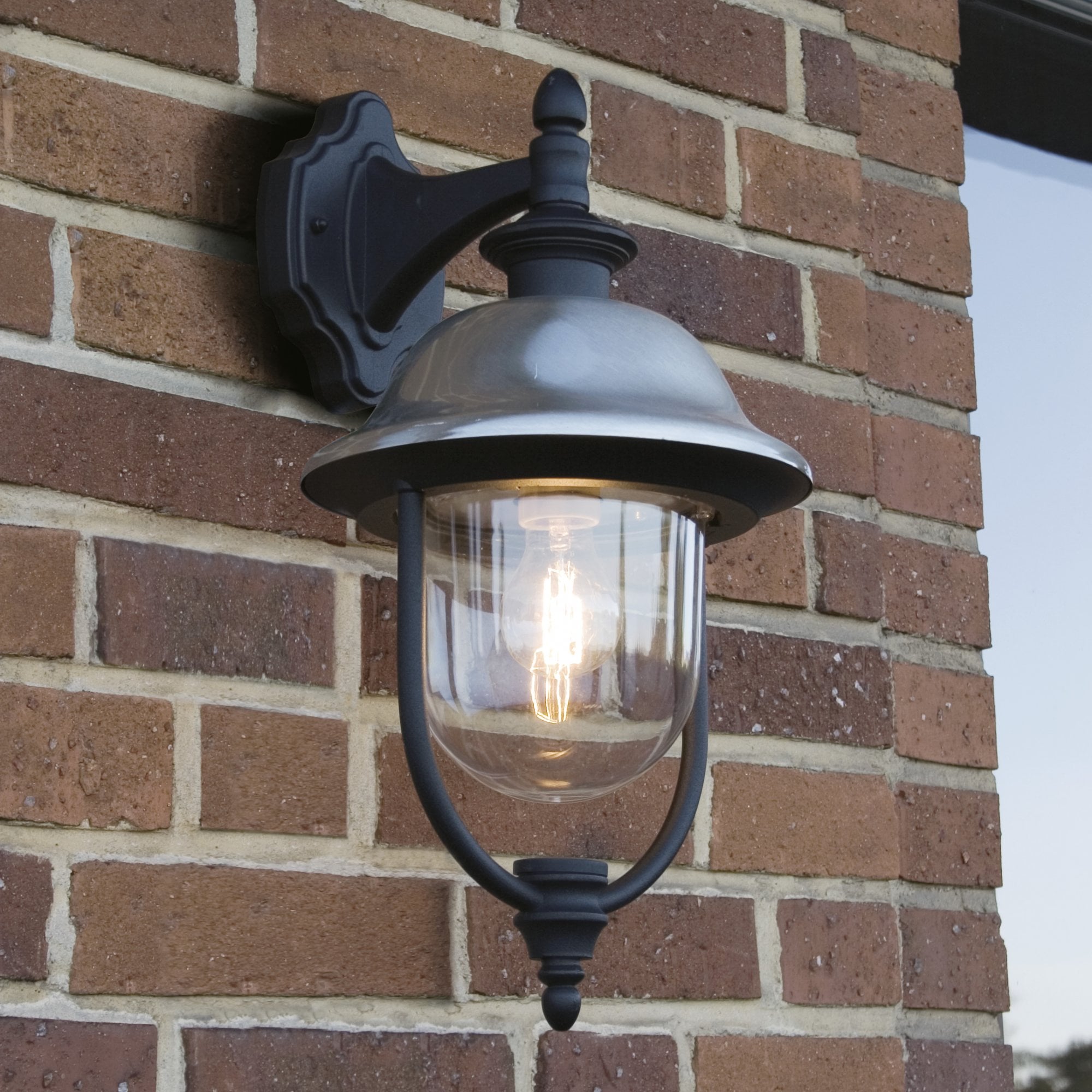Konstsmide Parma Down Wall Lantern - Matt Black with Stainless Steel Hat