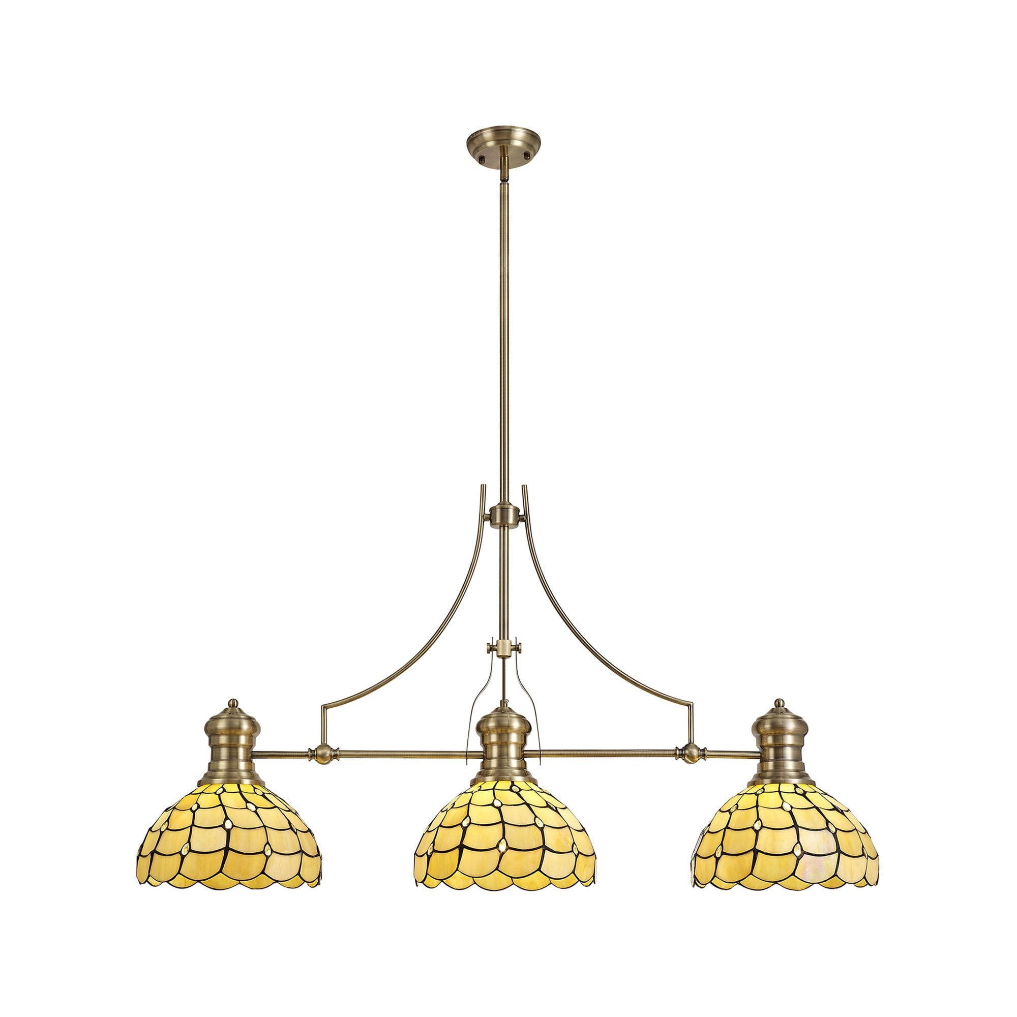 Fabula Crescent 3 Light Linear Pendant - 30cm Tiffany Shade - Antique Brass & Beige