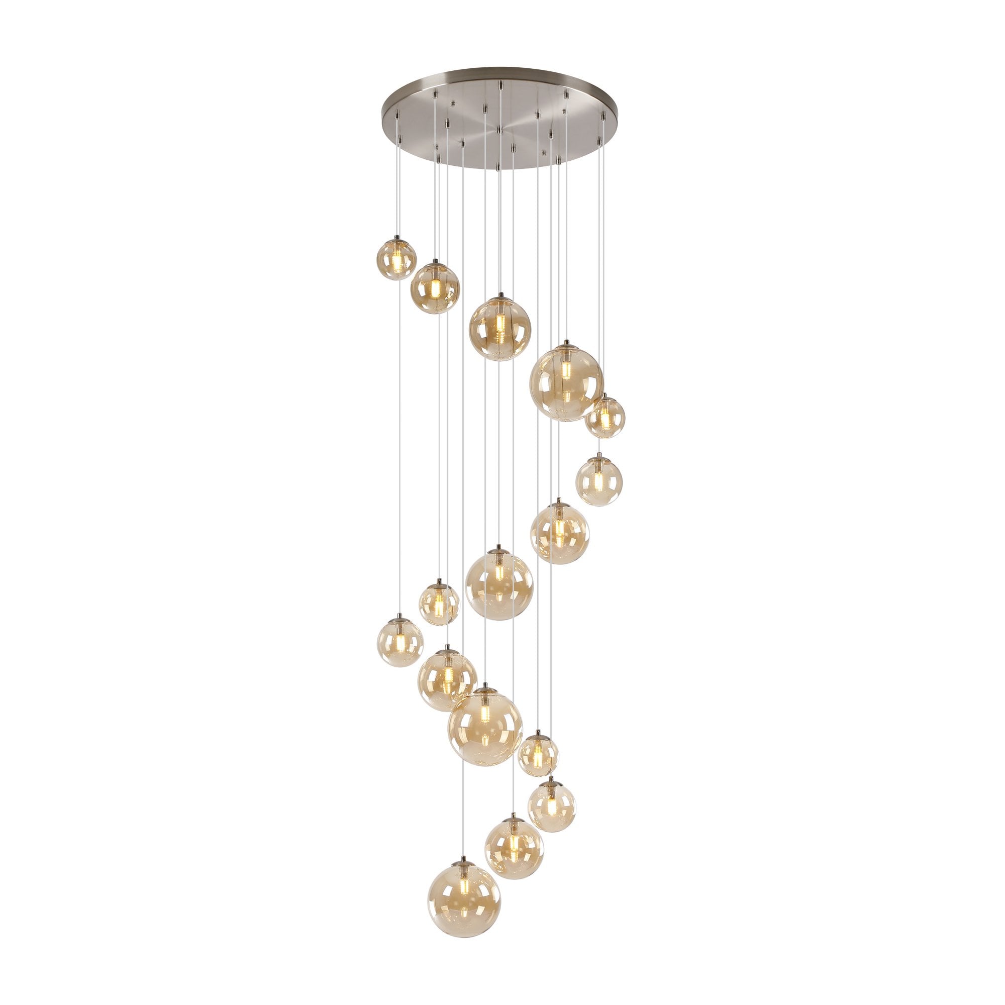 Fabula Deacon 16 Light Pendant - Satin Nickel & Amber Plated Glass
