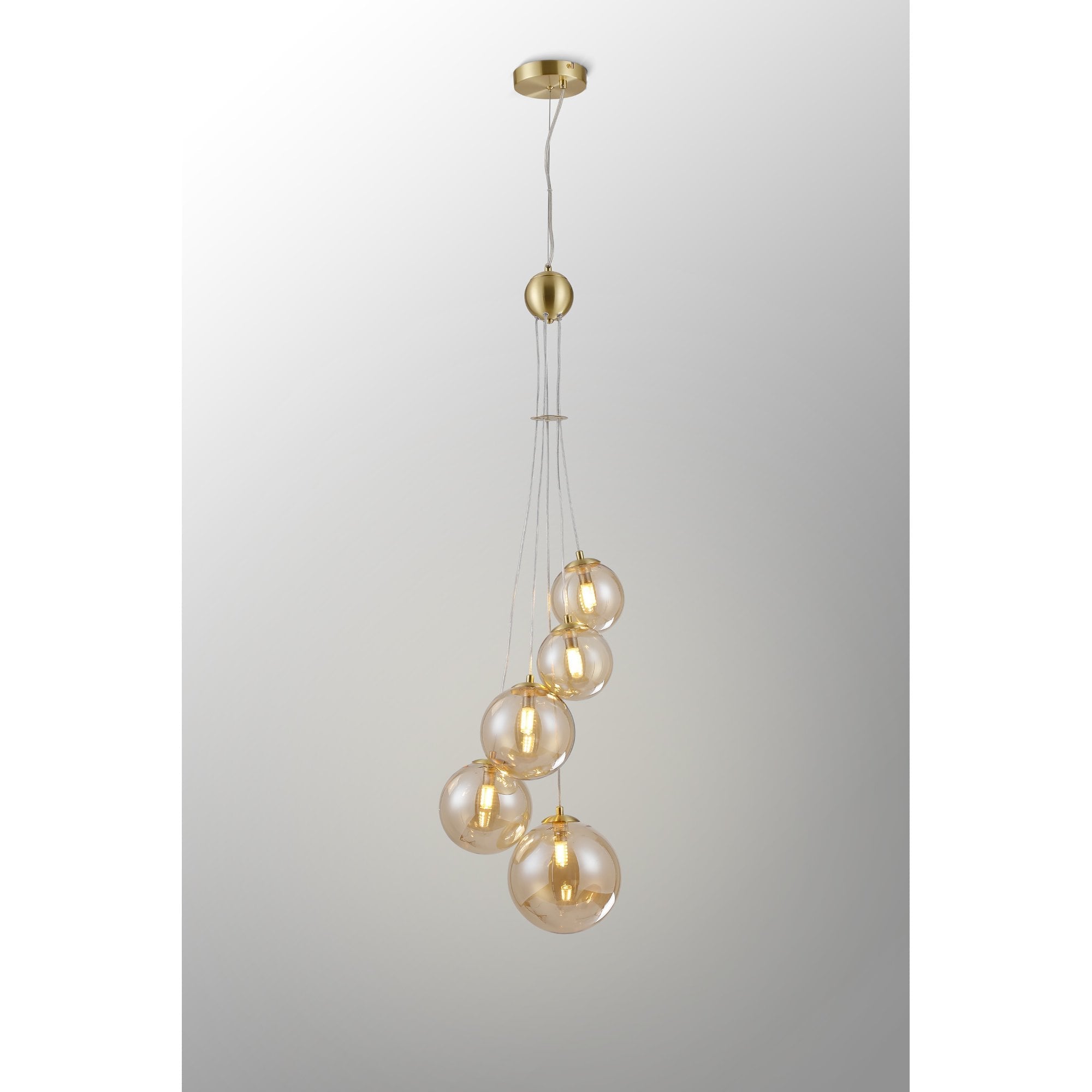 Fabula Deacon 5 Light Pendant - Satin Gold & Amber Plated Glass