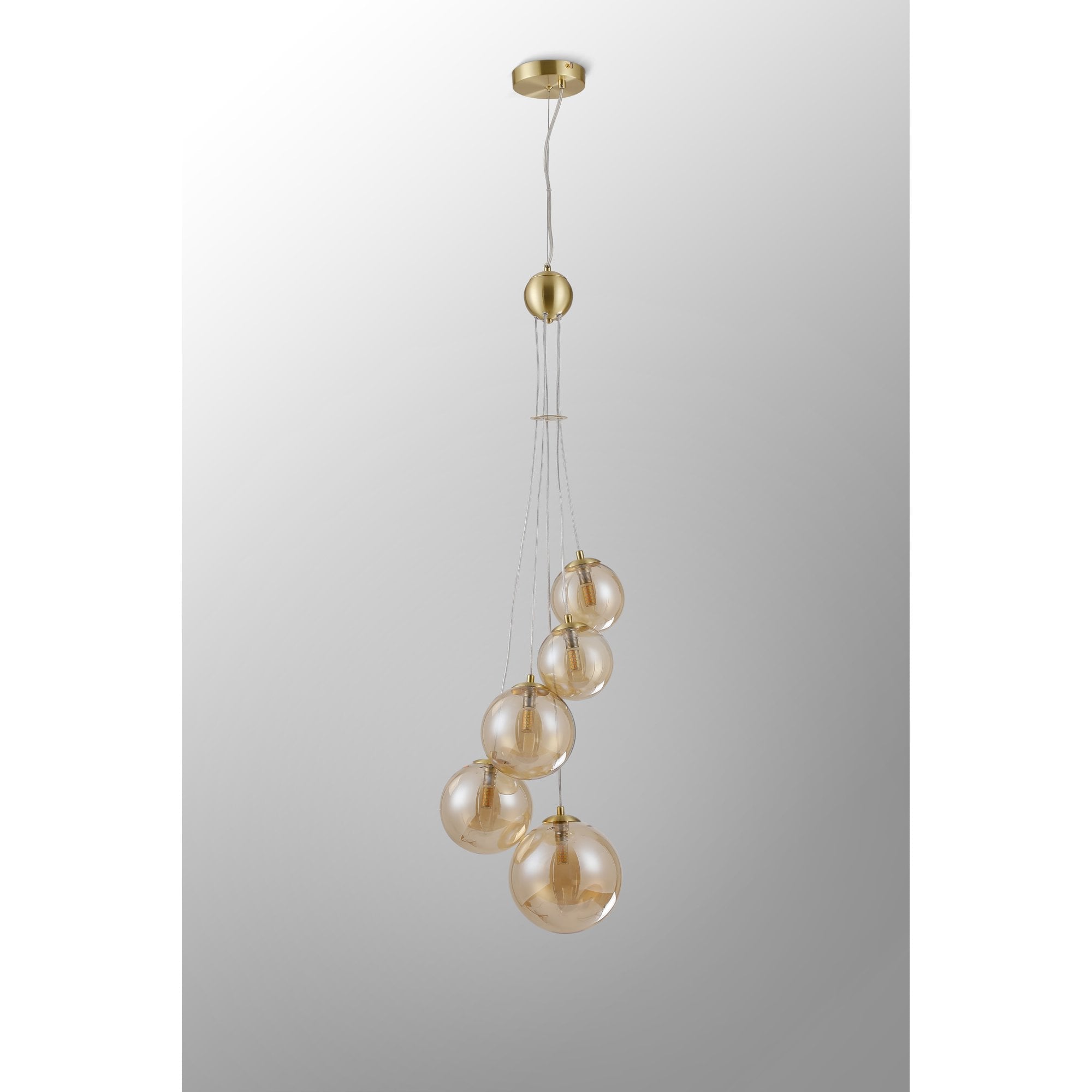 Fabula Deacon 5 Light Pendant - Satin Gold & Amber Plated Glass