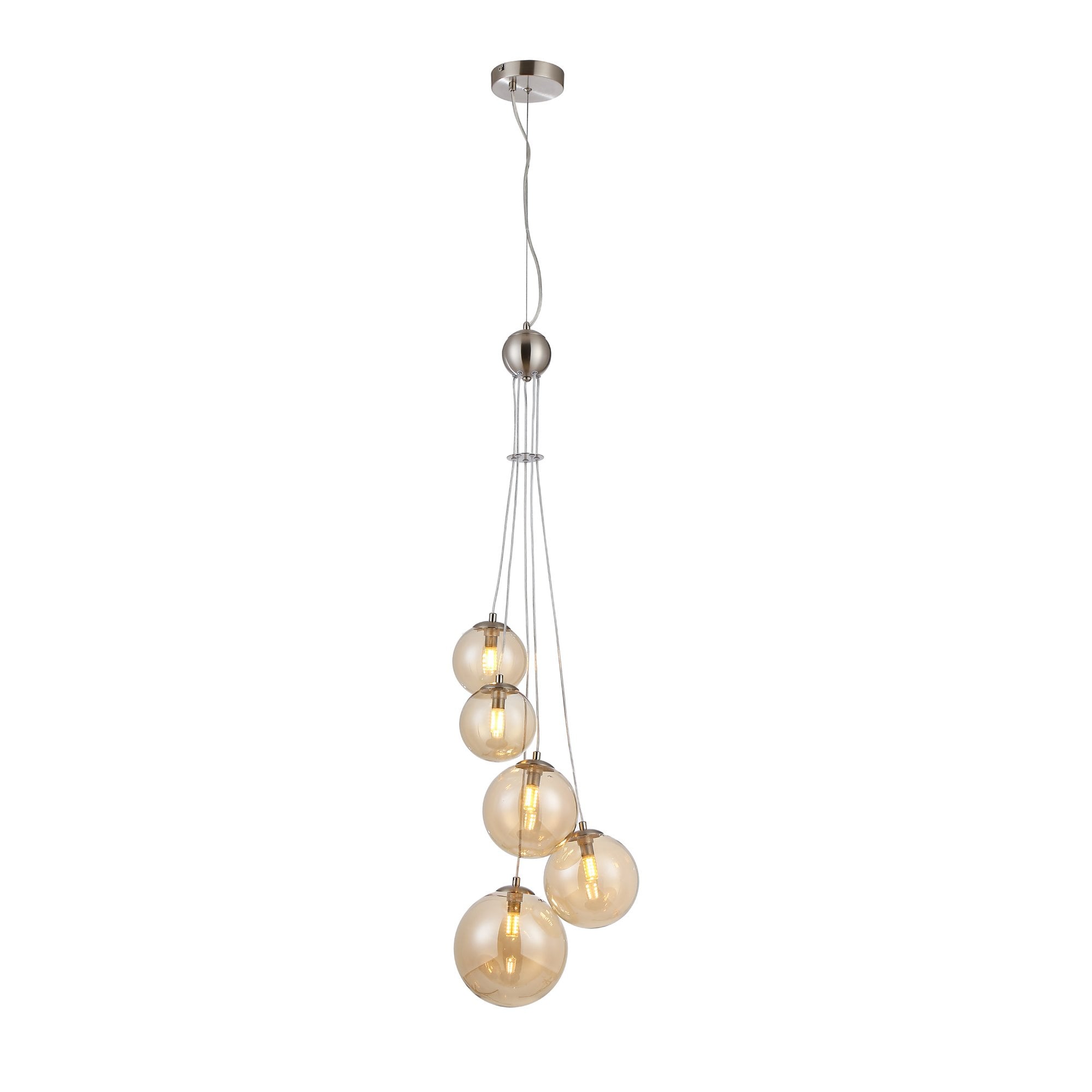 Fabula Deacon 5 Light Pendant - Satin Nickel & Amber Plated Glass