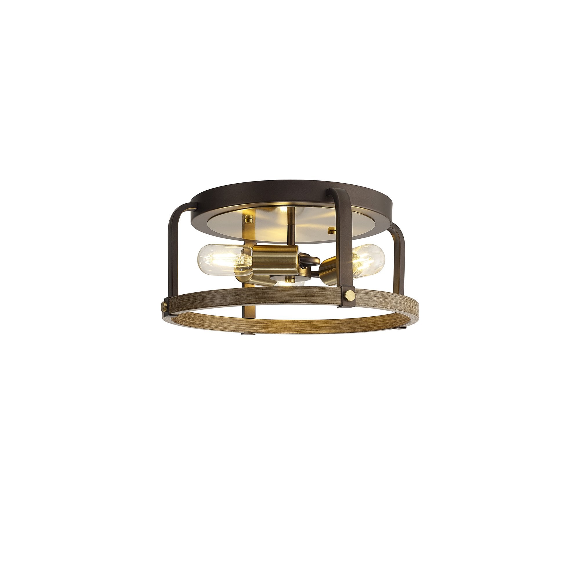 Fabula Faversham 3 Light Round Flush Light - Antique Bronze, Brown Oxide & Wood