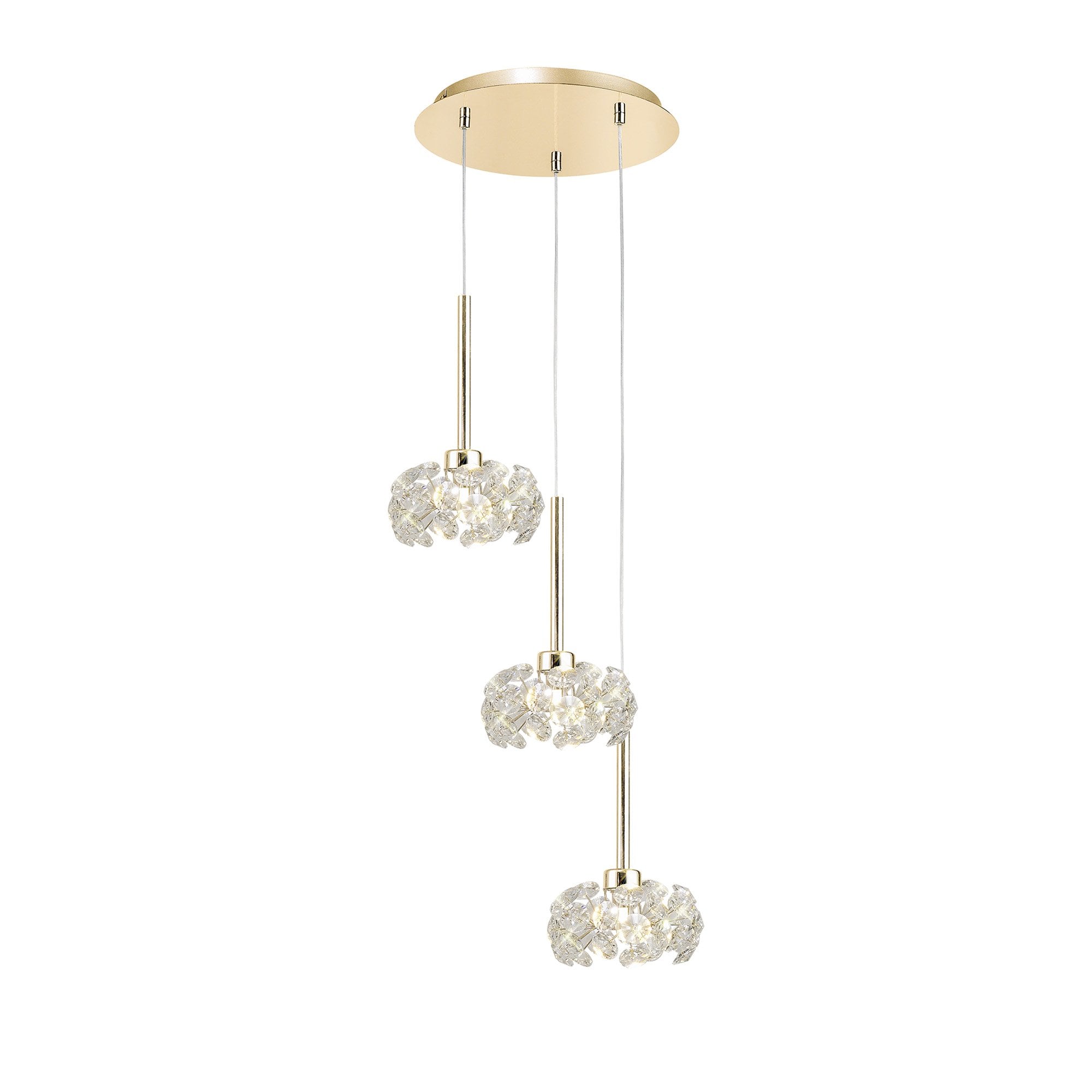 Fabula Grosvenor 3 Light Round Multi-Drop Pendant - French Gold & Crystal Glass