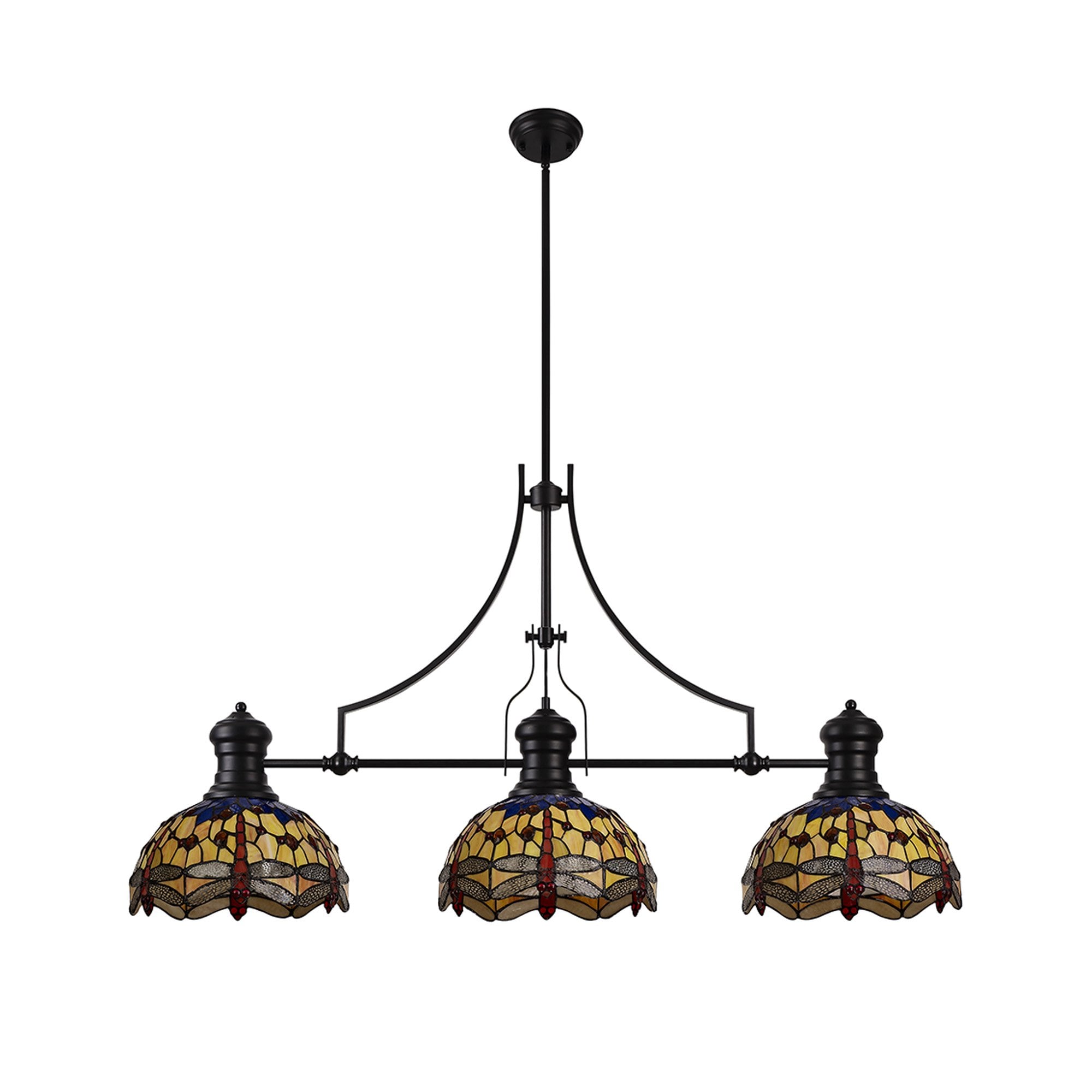 Fabula Hornbeam 3 Light Linear Pendant - 30cm Tiffany Shade - Matt Black, Blue & Orange