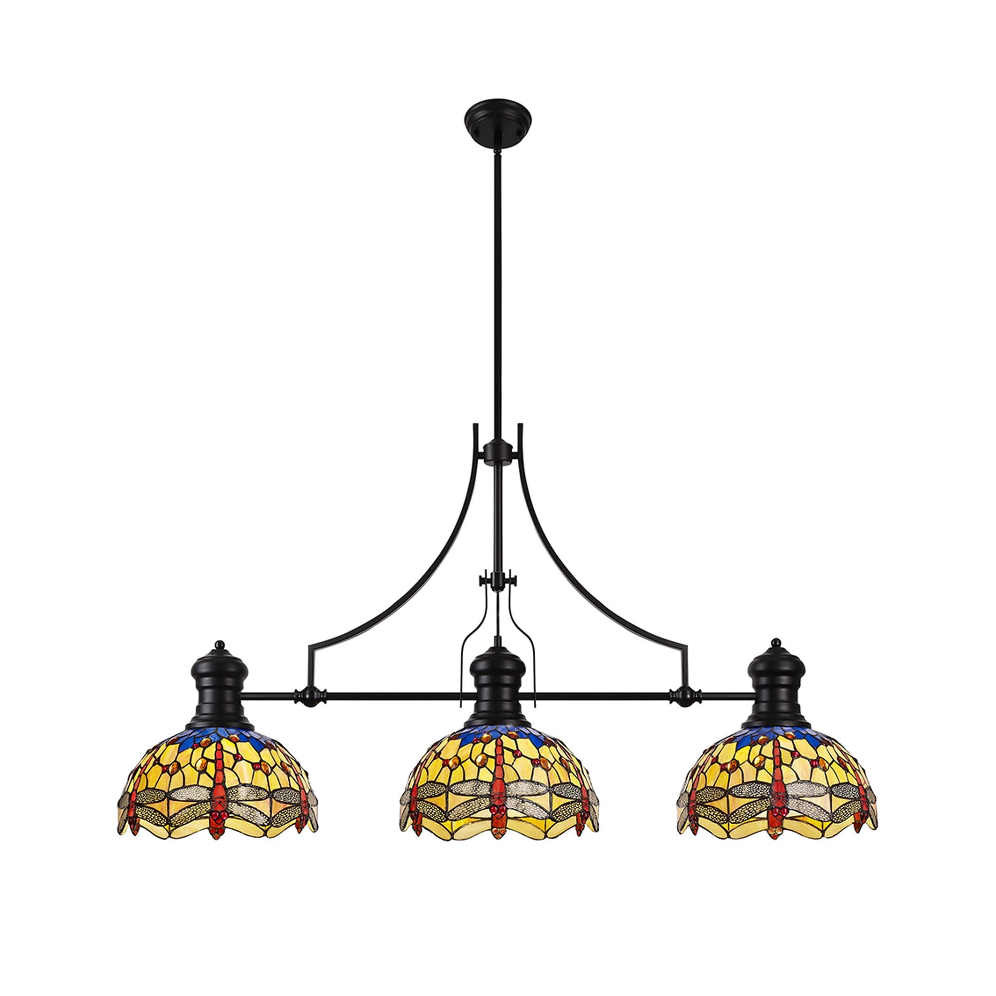 Fabula Hornbeam 3 Light Linear Pendant - 30cm Tiffany Shade - Matt Black, Blue & Orange