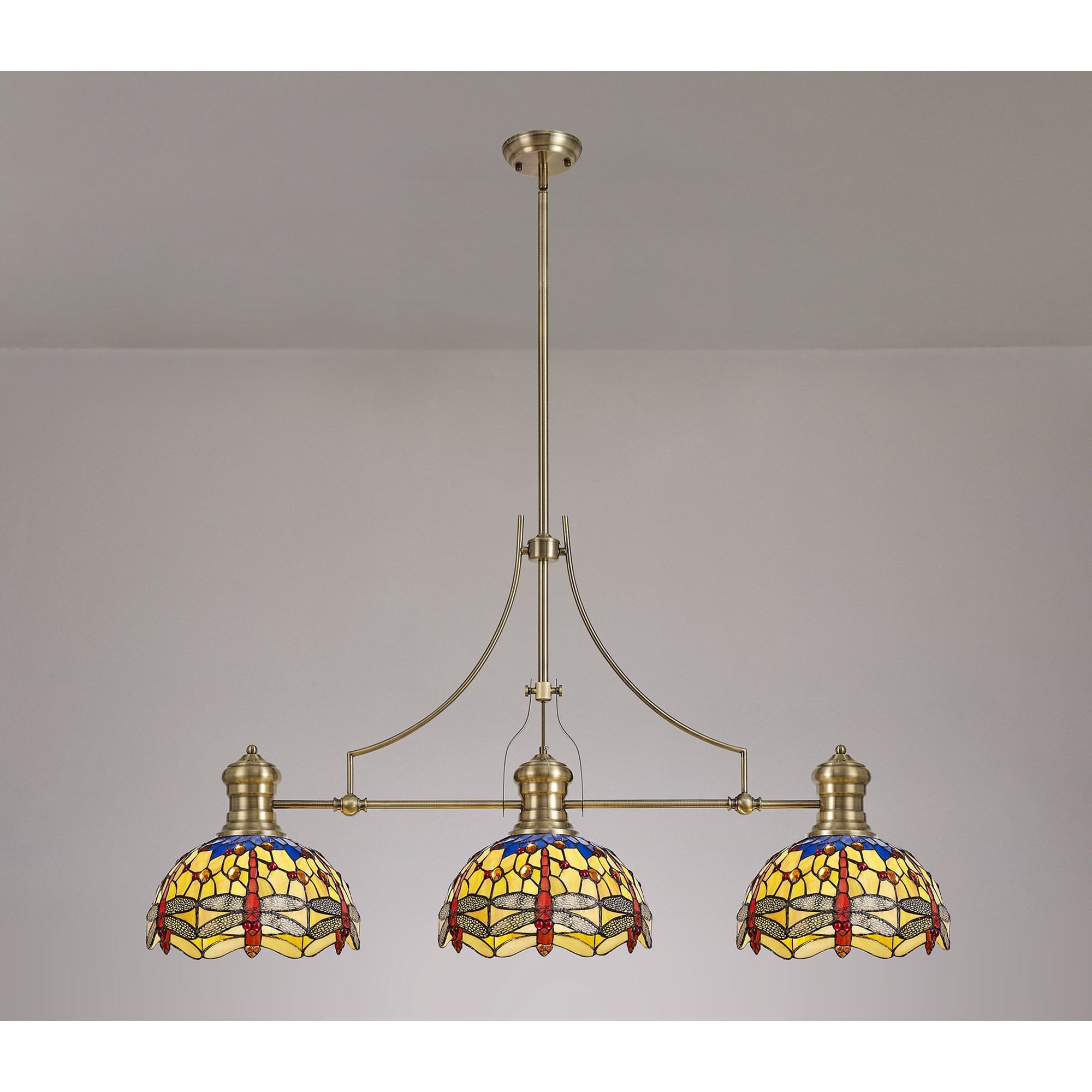 Fabula Hornbeam 3 Light Linear Pendant - 30cm Tiffany Shade - Antique Brass, Blue & Orange