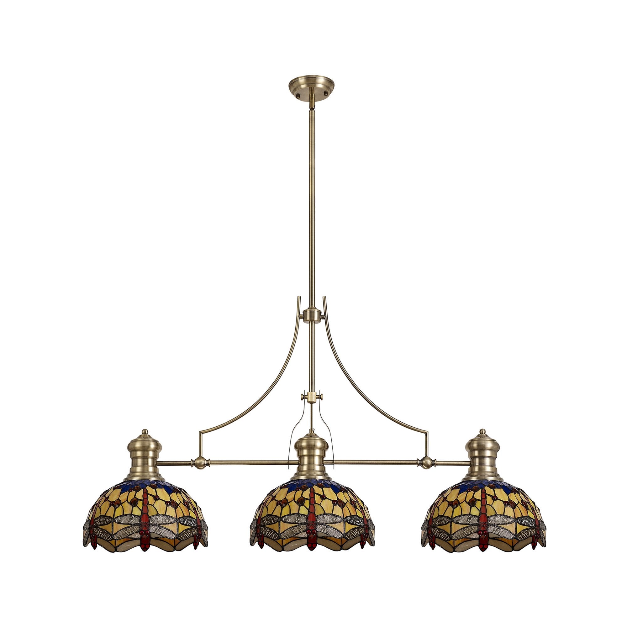 Fabula Hornbeam 3 Light Linear Pendant - 30cm Tiffany Shade - Antique Brass, Blue & Orange
