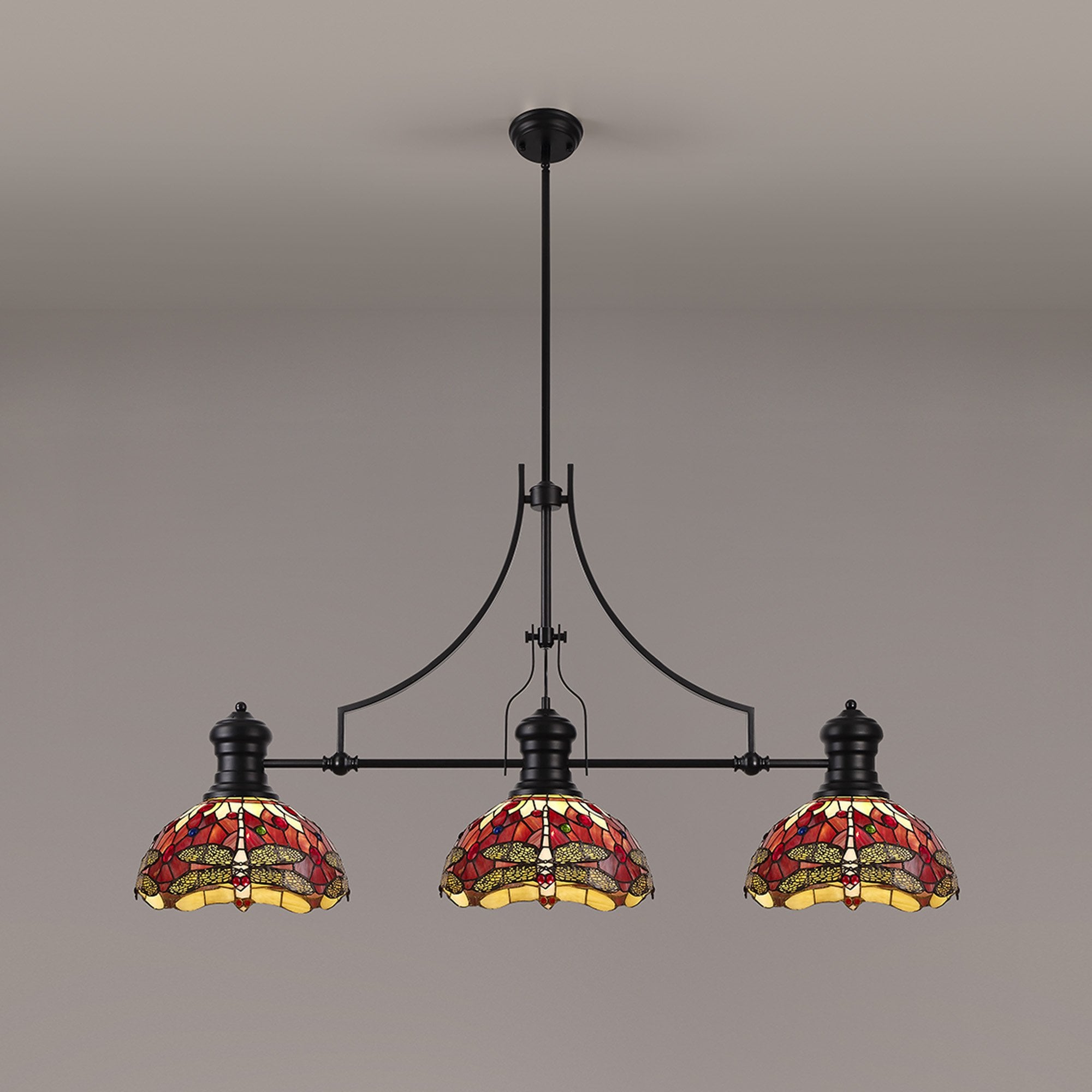 Fabula Hornbeam 3 Light Linear Matt Black Pendant - 30cm Tiffany Shade - Purple & Pink