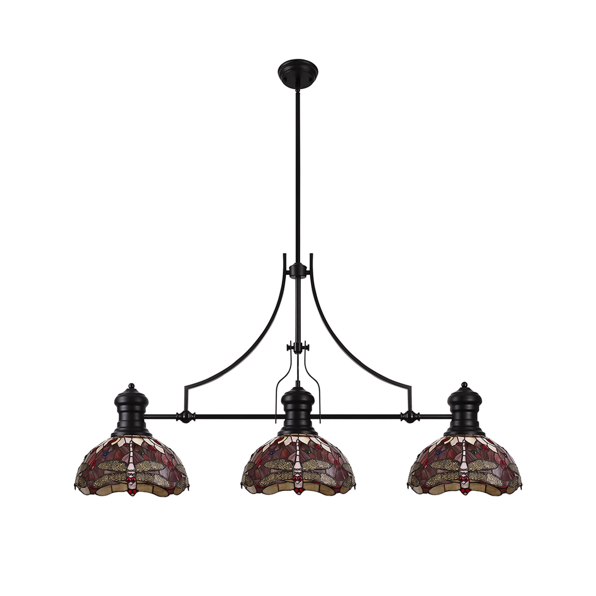 Fabula Hornbeam 3 Light Linear Matt Black Pendant - 30cm Tiffany Shade - Purple & Pink